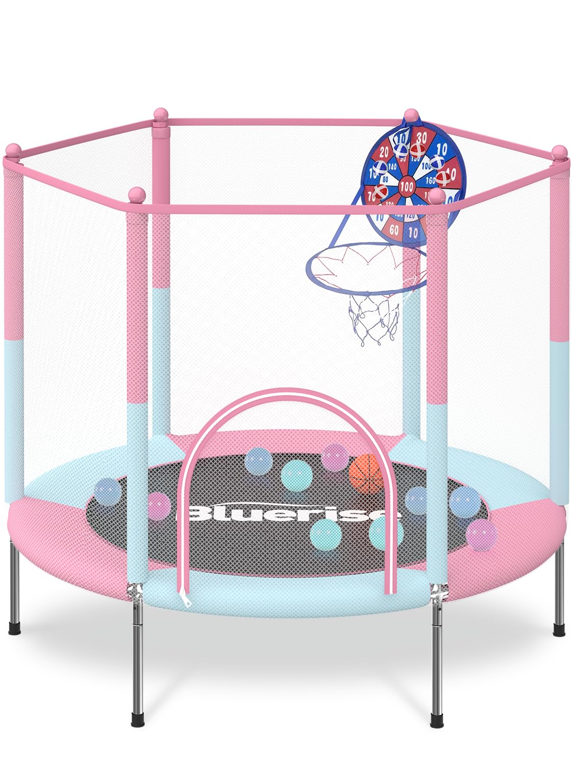BLUERISE 55IN Toddler Trampoline for Kids Indoor Play for Kids Basketball Hoop Attachment with Enclosure Net Easy to Assemble Re