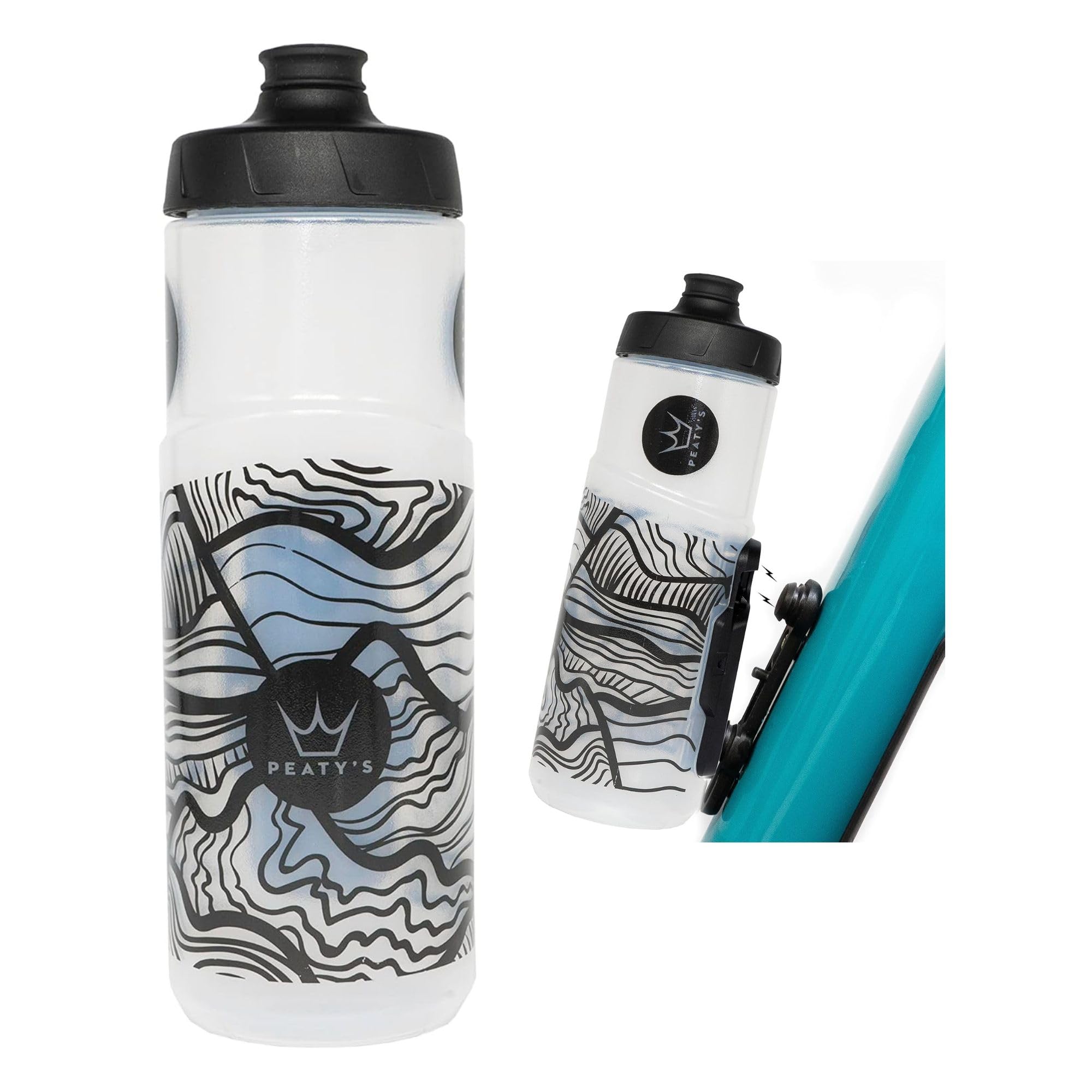 Peatys Fidlock Lockin Magnetic Bike Water Bottle & Mount, Topo/Clear, 600 ml/ 20 oz.