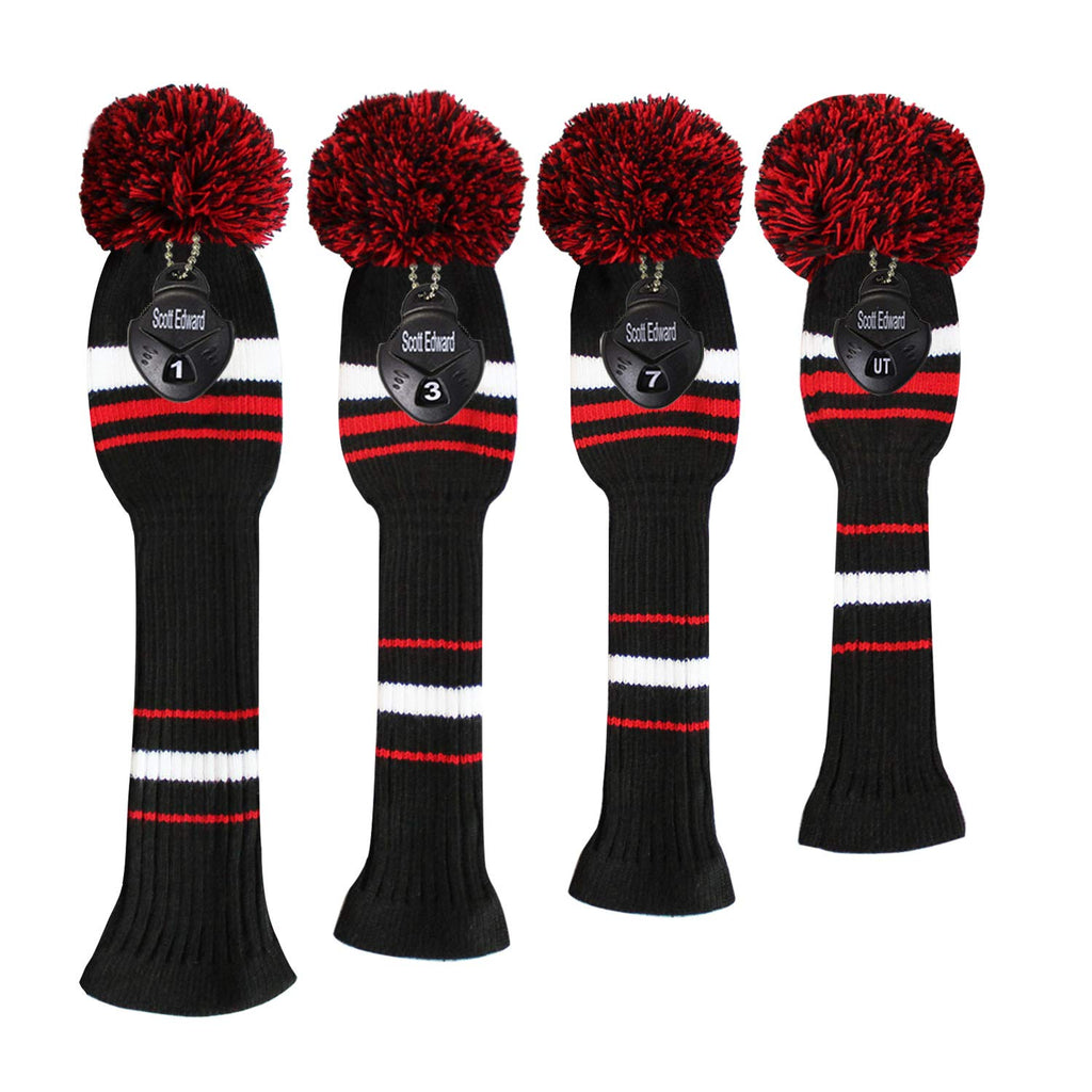 Scott Edward Black White Red Stripes Golf Headcover Set 4 For Driver Wood/Fairway Wood And Hybrid