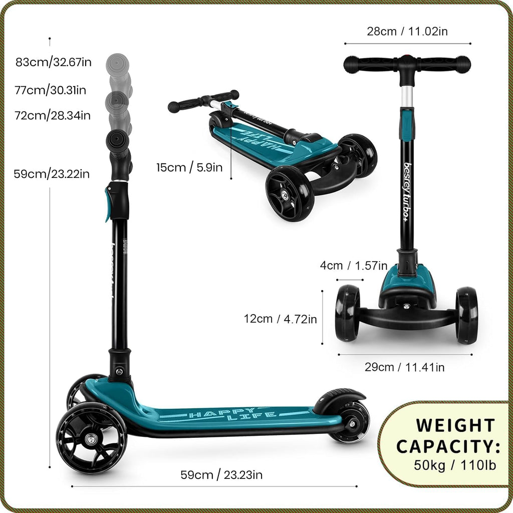 besrey Kick Scooter for Kids Ages 3-10, 3-Wheel Folding Scooter with Adjustable Height, LED Light Wheels, Extra Wide Deck for Ou