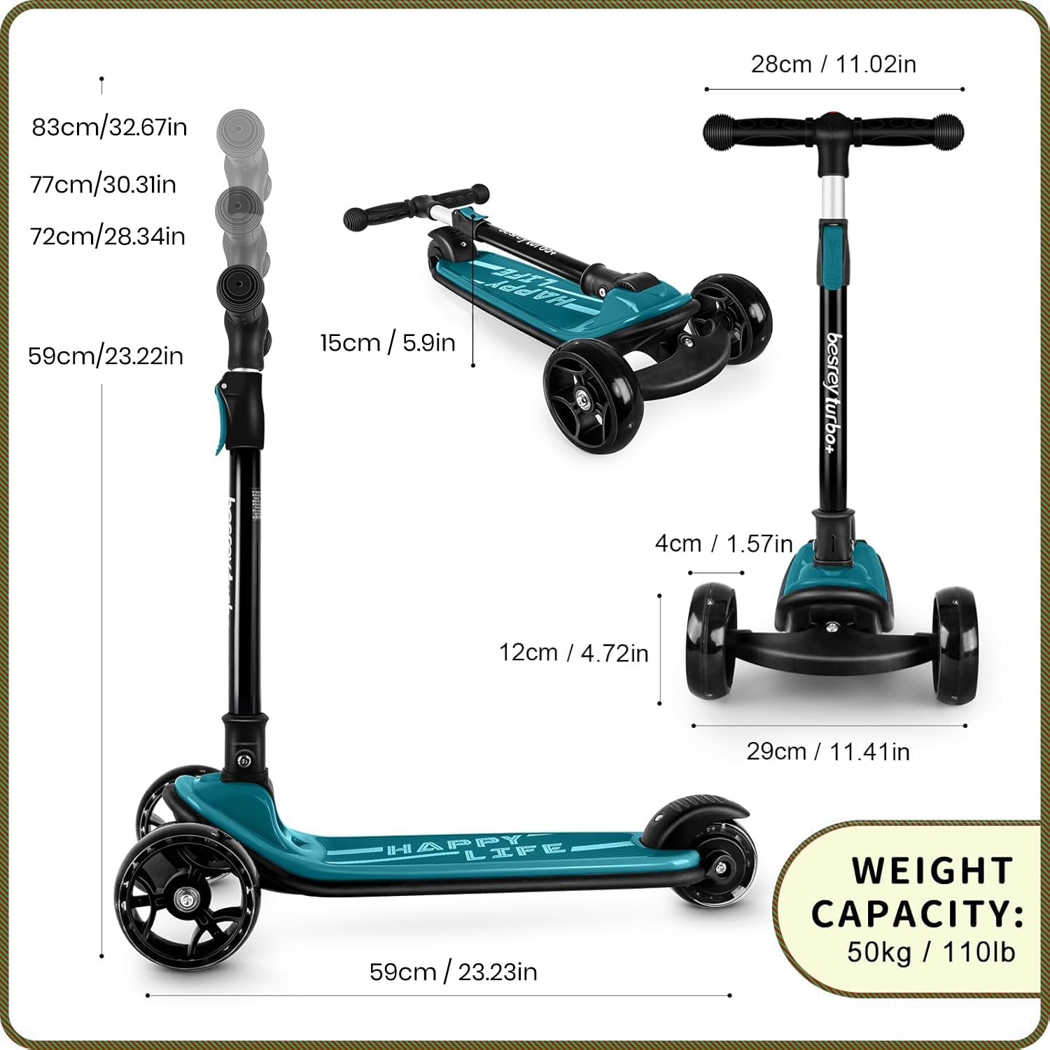 besrey Kick Scooter for Kids Ages 3-10, 3-Wheel Folding Scooter with Adjustable Height, LED Light Wheels, Extra Wide Deck for Ou