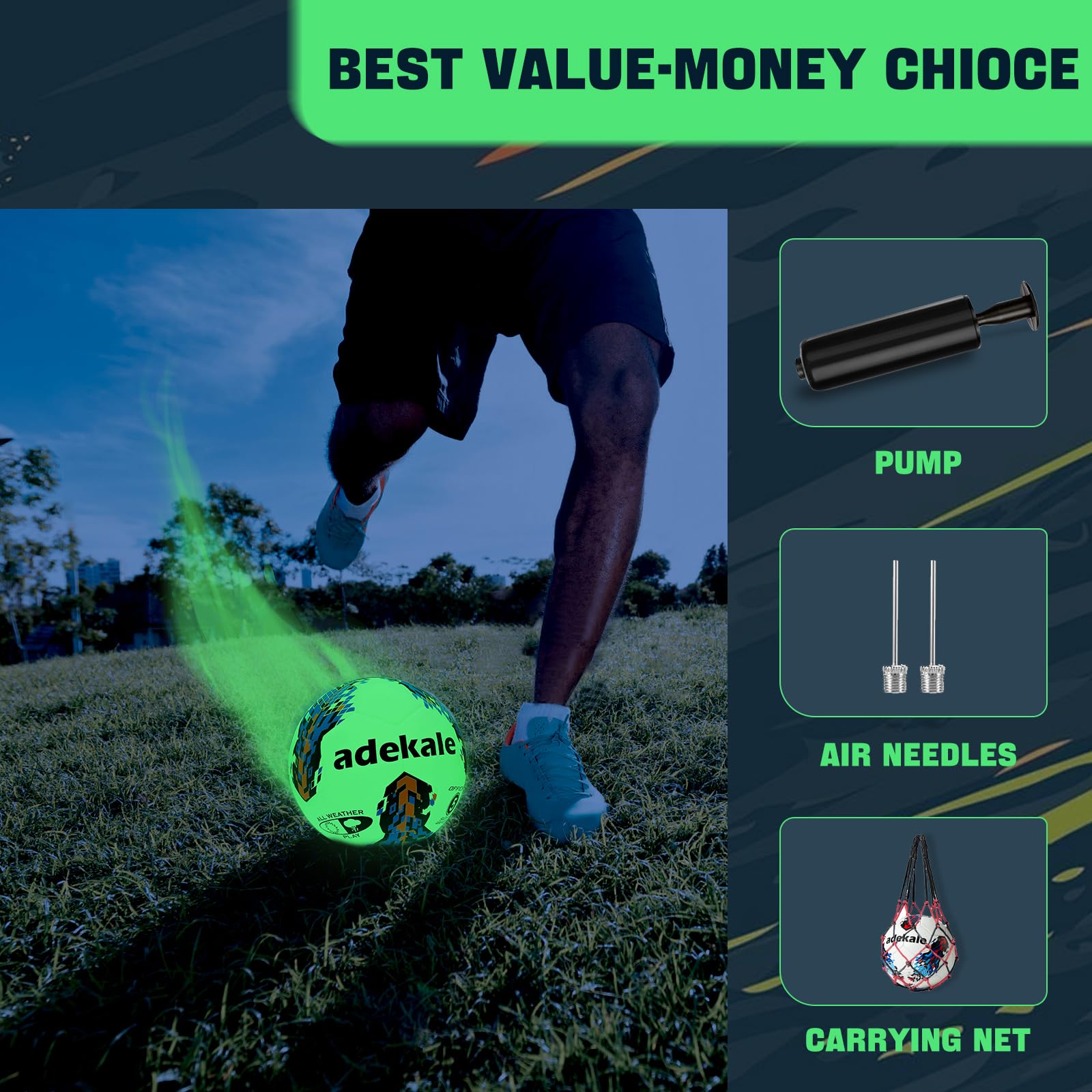 Adekale Soccer Balls Size 5,Glow In The Dark Official Size Soccer Ball,Indoor/Outdoor Light Up Training Ball With Pump And Needl