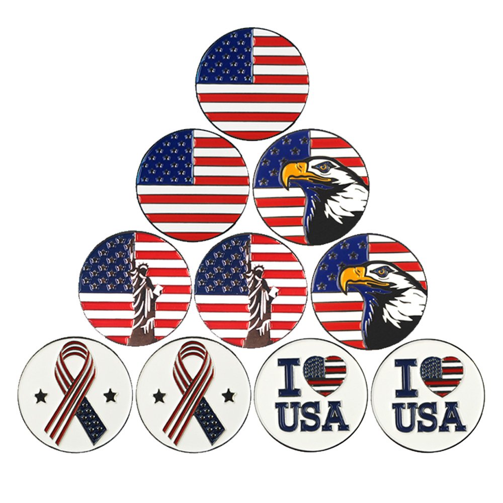 Pinmei Lot Of 10 Golf Ball Markers Assorted Patterns, Soft Enamel Technique, Dia 24.4Mm (Americanism)