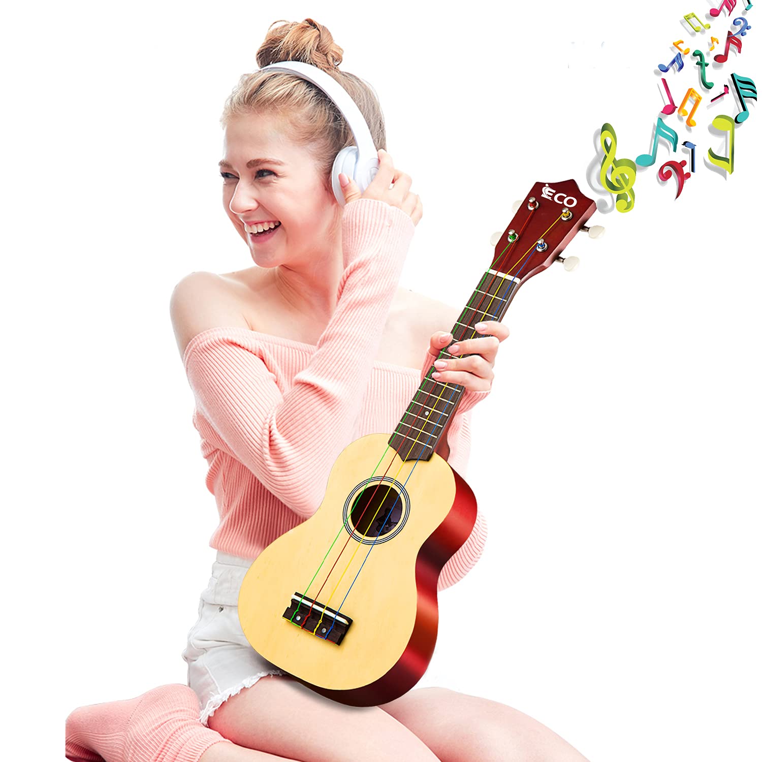 Ieco Soprano Ukulele Beginner Kit For Kids Adults 21 Inch Ukelele Wcase Strap Tuner Strings Picks (Natural)