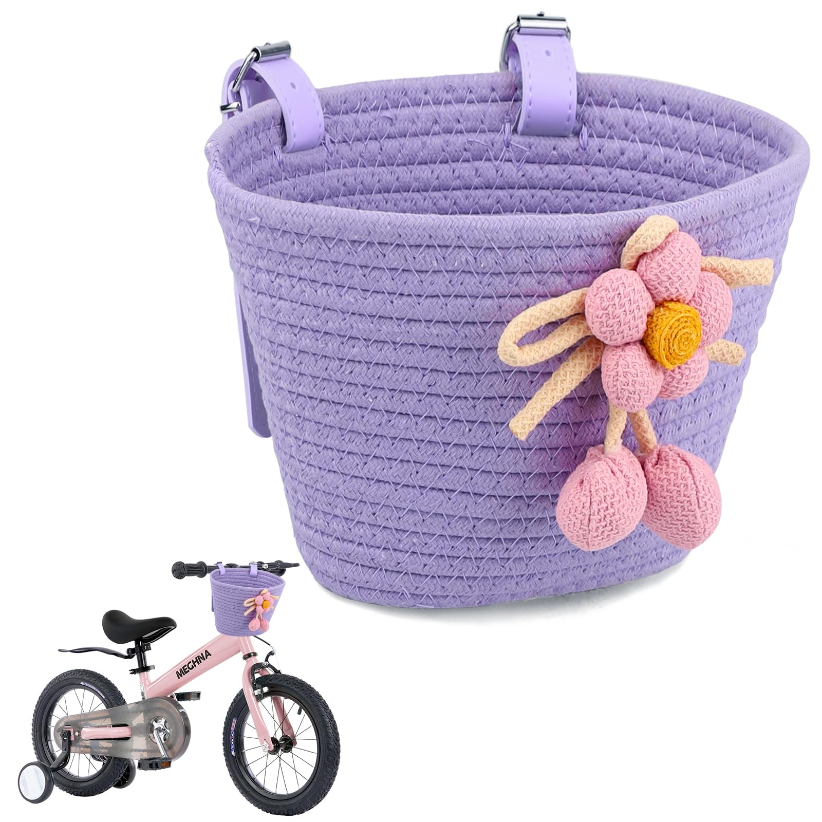 WEEROCK Kid Bike Basket, Front Bicycle Baskets for Boys Girls, Cotton Rope Woven Handle Bar Basket for 8  12  14  16  18  20  Ch
