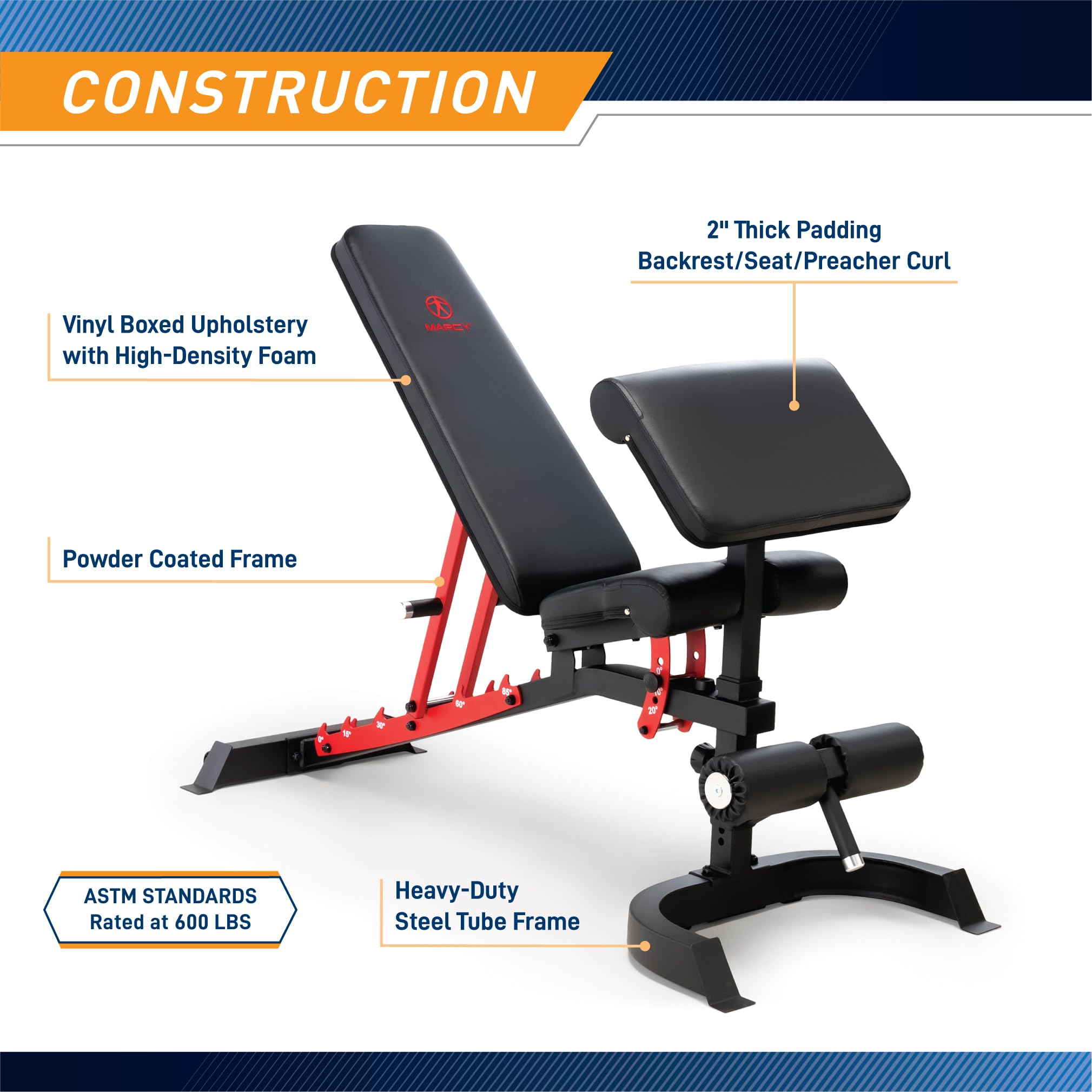 Marcy Adjustable Weight Bench for Home Gym, Heavy-Duty Workout Bench Press with 7-Position Backrest, Incline Decline Flat, Preac