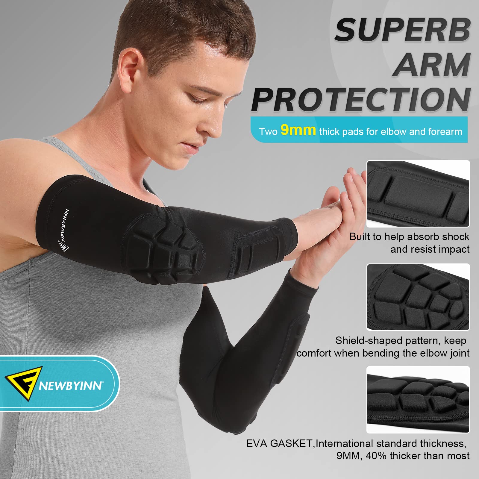 Newbyinn Padded Arm Sleeves 2 Pack, Elbow Forearm Crashproof Pads For Football Basketball Volleyball Soccer