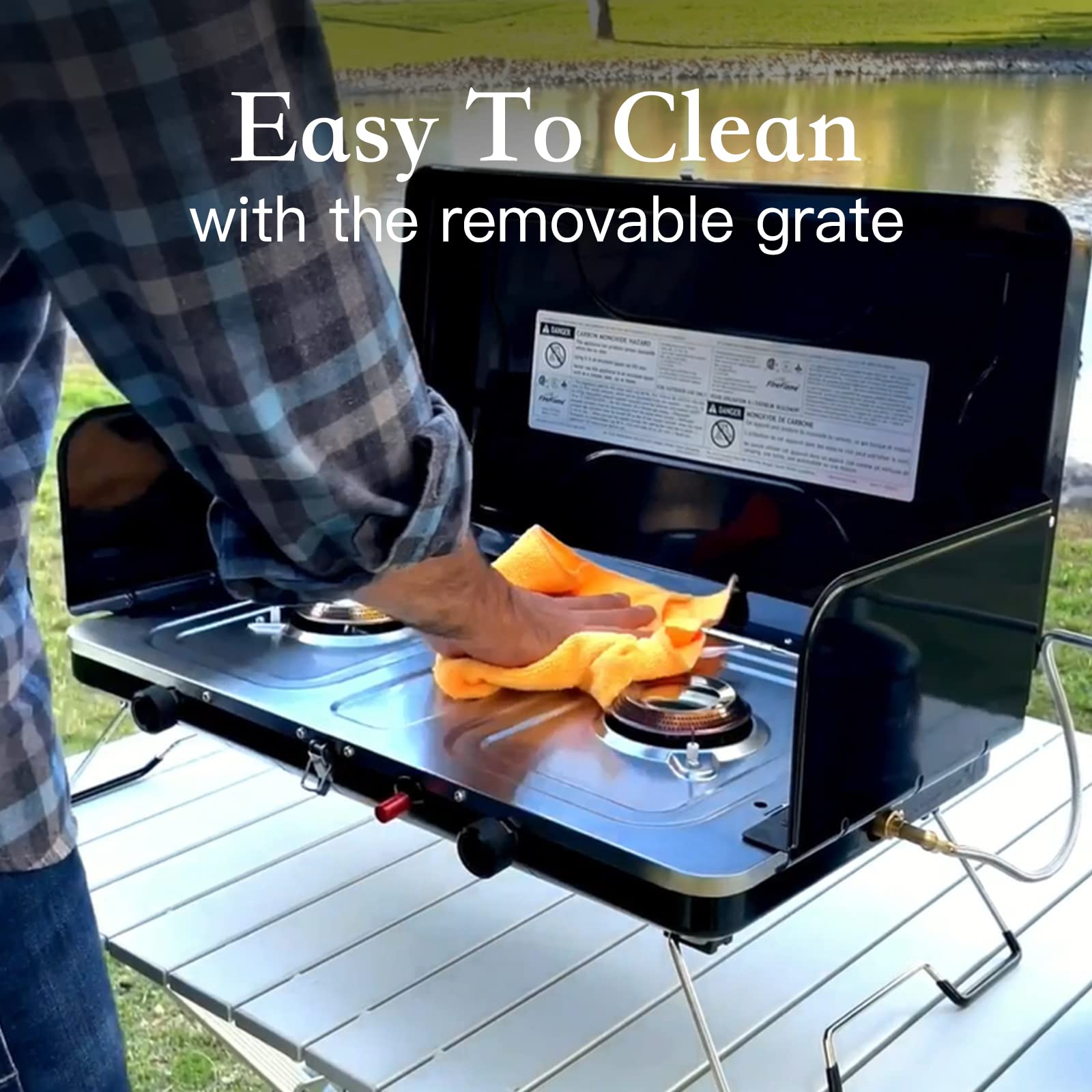 Fineflame Camping Stove, 2 Burners Portable Propane Camp Stove With Regulator, Integrated Igniter & Stainless Steel Drip Tray &