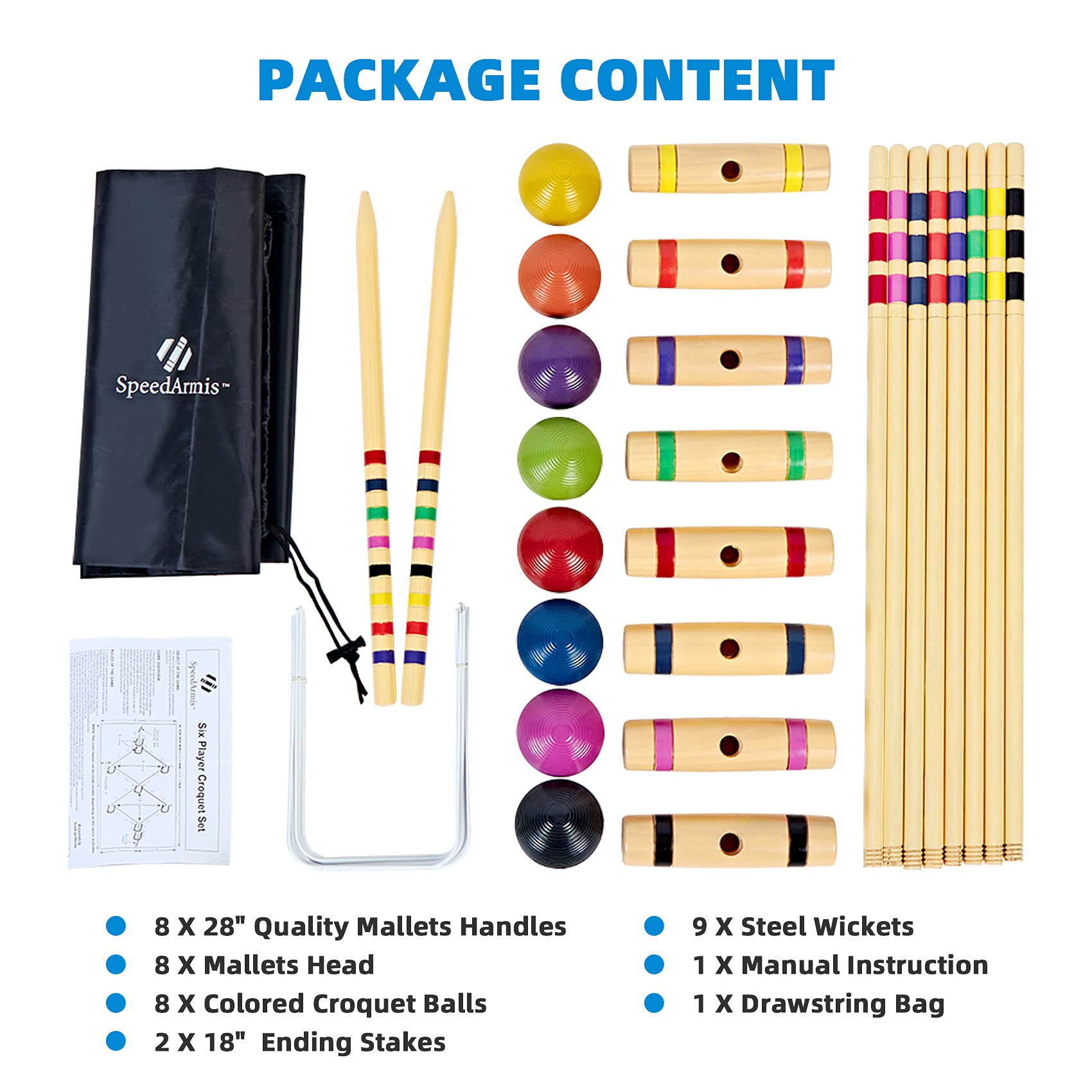 Speedarmis 8 Players Croquet Set - 28In Pine Wooden Mallets, Colored Pe Ball, Wickets, End Stakes, Lawn Backyard Outdoor Game Se