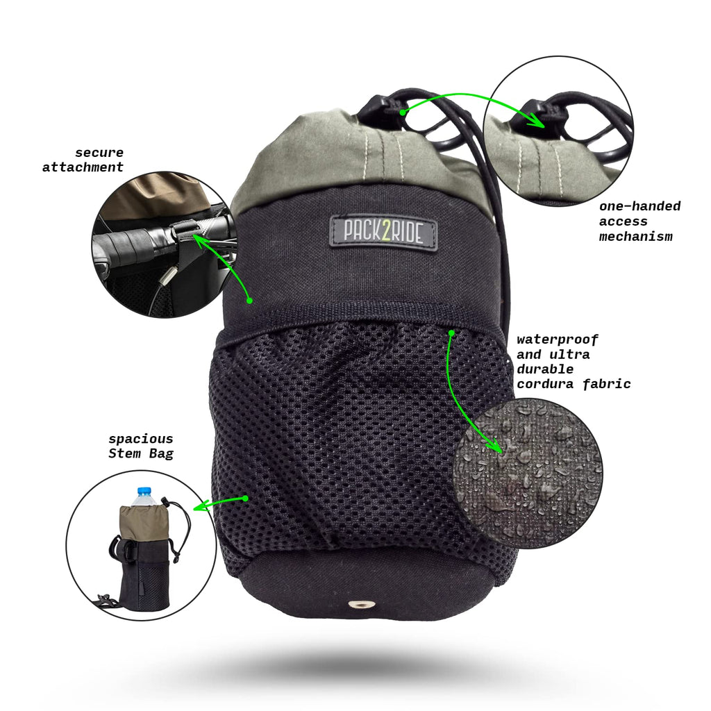 Pack2Ride Bongo Bike Handlebar Bag - Water Resistant & Durable Fabric Bicycle Water Bottle Holder, Secure Attachment Bikepacking