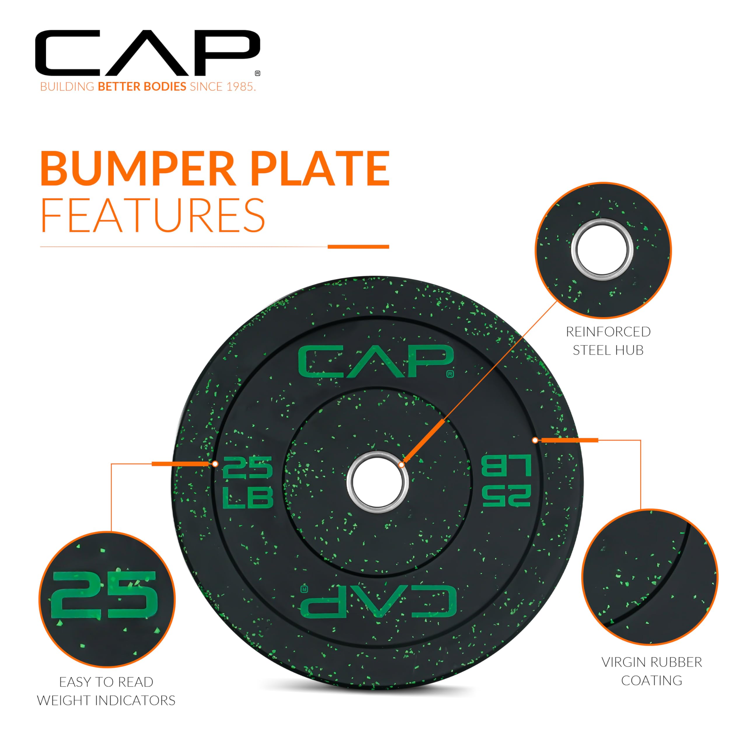 Cap Barbell Economy - Speckled Olympic Bumper Plate Set With Green Logo, Black, 25 Lb Pair