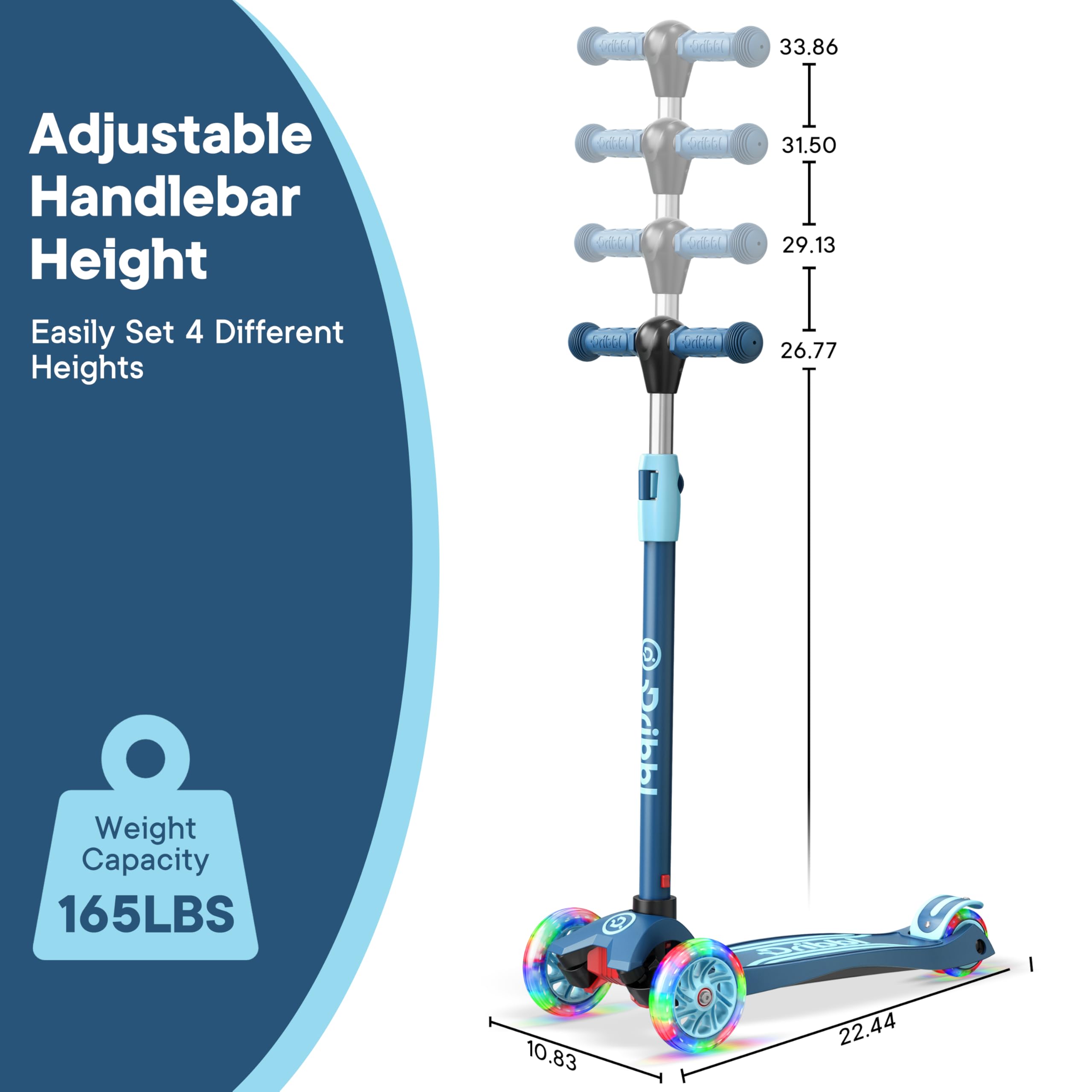 Dribbl 3-Wheel Kids Scooter - Lean-to-Steer Technology, Adjustable Height Handlebar, Wide Anti-Slip Deck, Scooter for Boys & Gir