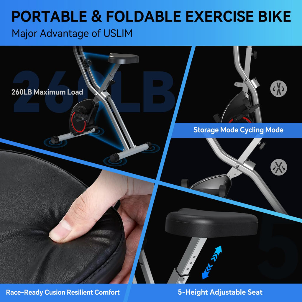 Portable Exercise Bike, Lightweight Stationary Bikes for Home Workout, Foldable Indoor Cycling Bike for Seniors, 260LB Capacity,