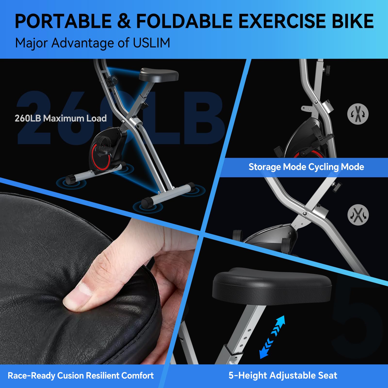 Portable Exercise Bike, Lightweight Stationary Bikes for Home Workout, Foldable Indoor Cycling Bike for Seniors, 260LB Capacity,