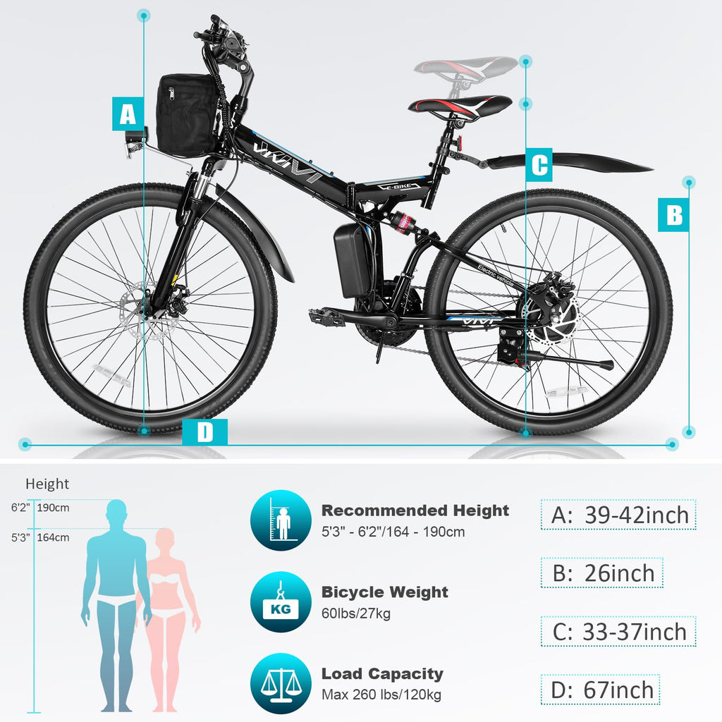 Vivi M026Tgb Electric Bike 26'' Electric Bike For Adults, Folding Electric Mountain Bike With 500W Motor, 48V Removable Lithium-