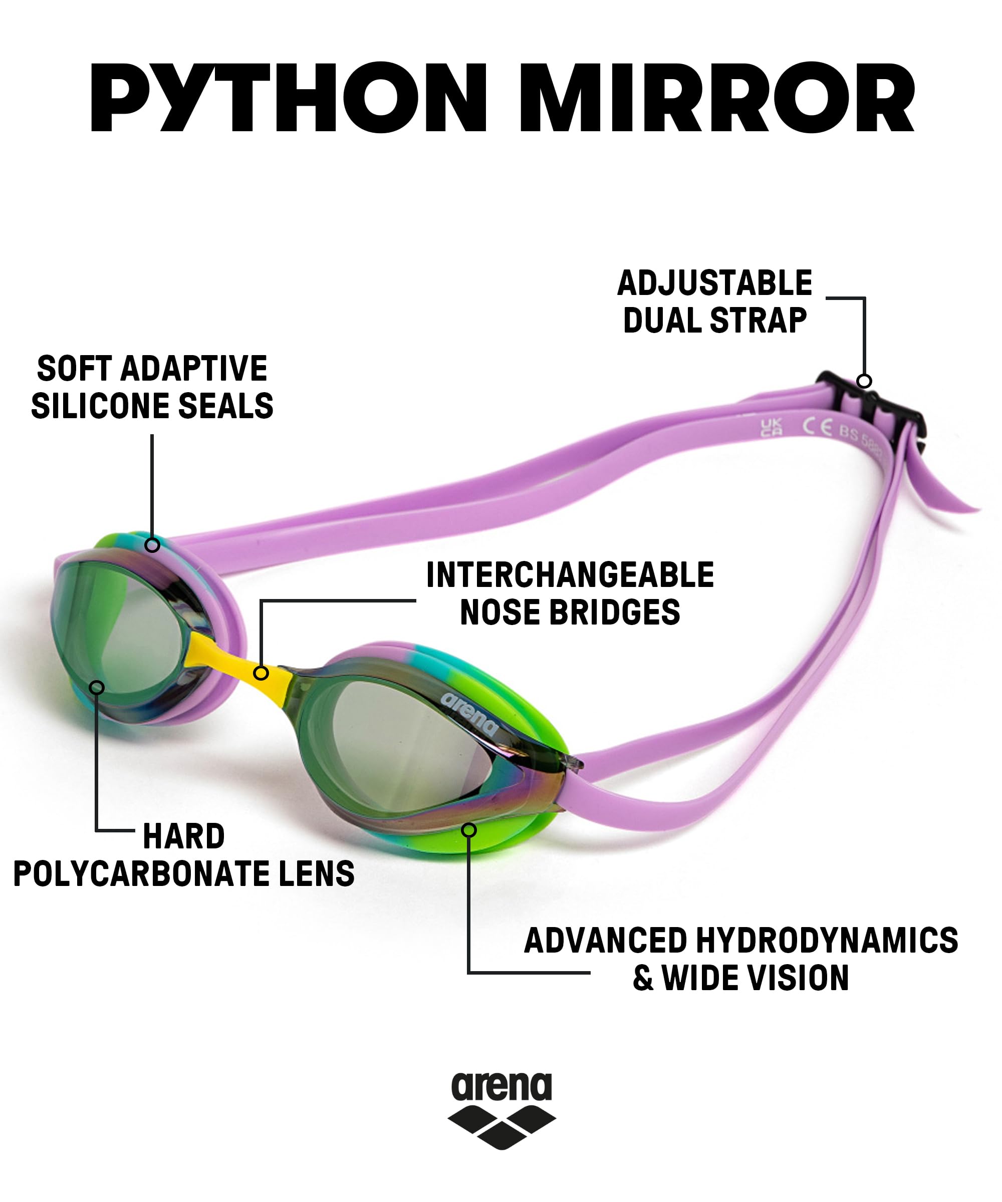 Arena Unisex Adults Python Racing Swim Goggles For Men And Women Anti-Fog Mirror Lens Max Comfort Dual Strap, Green/Violet/Green