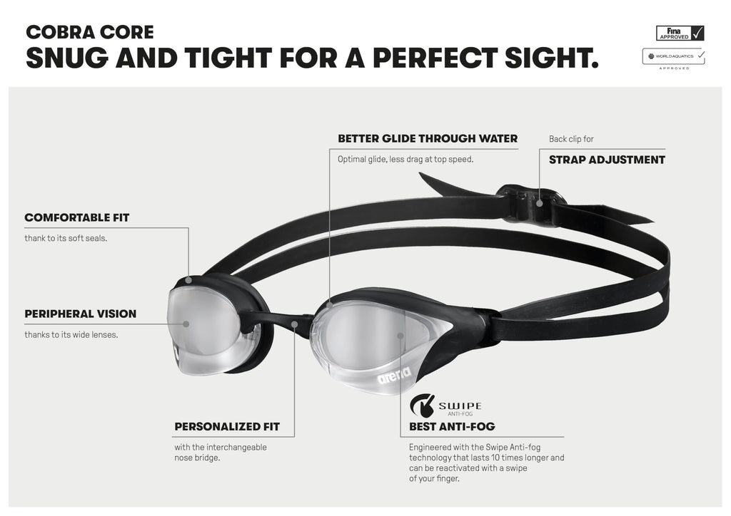 ARENA Unisex Cobra Core Swipe Anti-Fog Racing Swim Goggles for Men and Women Polycarbonate Mirror Lens Competitive Swimmers, Aqu