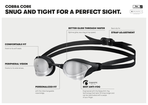 ARENA Unisex Cobra Core Swipe Anti-Fog Racing Swim Goggles for Men and Women Polycarbonate Mirror Lens Competitive Swimmers, Aqu