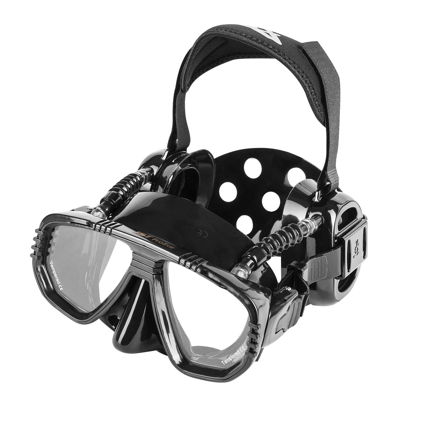 Ist Proear Dive Mask With Ear Covers, Scuba Diving Pressure Equalization Gear, Tempered Glass Twin Lens (Black Silicone)