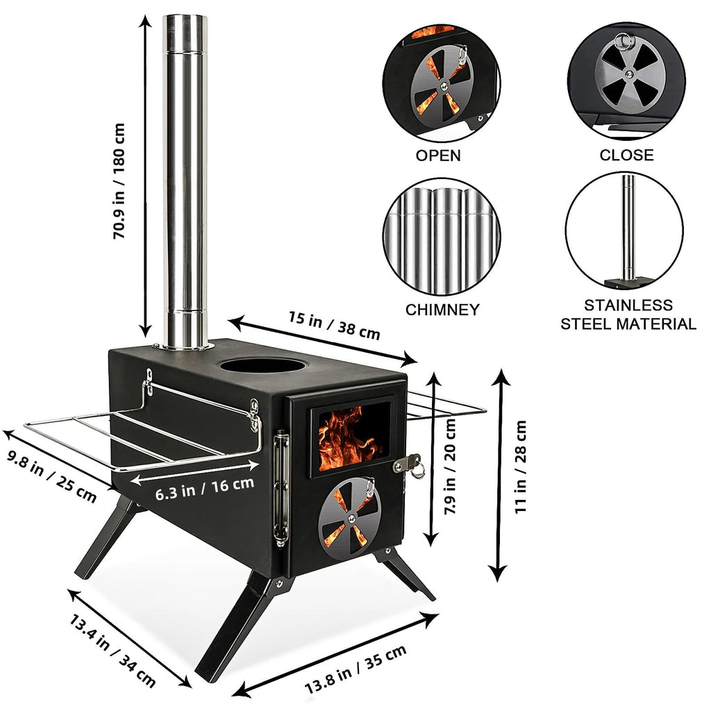 Womeyork Outdoor Camping Stove, Portable Wood Burning Stove With Chimney Pipe For Tent, Shelter, Heating And Cooking (Black-S)