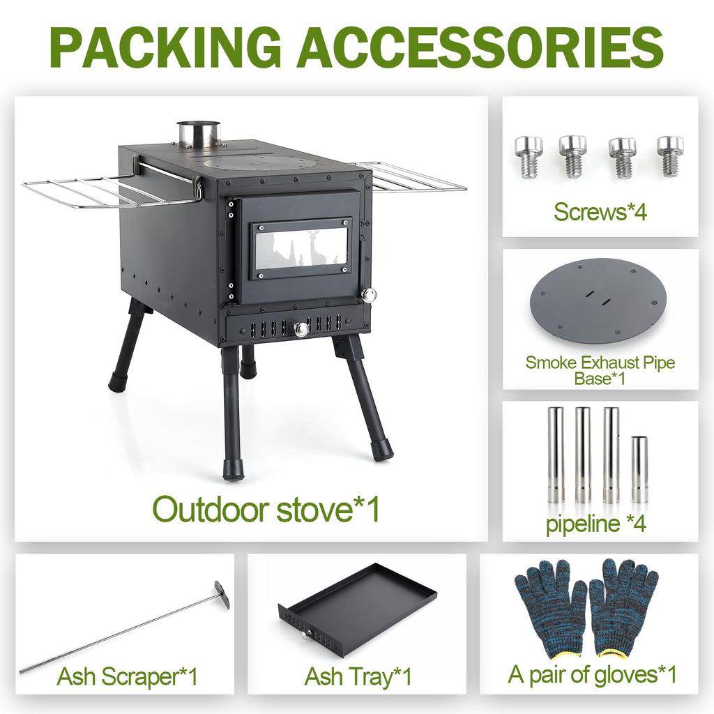 Womeyork Outdoor Camping Stove, Portable Wood Burning Stove With Chimney Pipe For Tent, Shelter, Heating And Cooking (Black-Larg