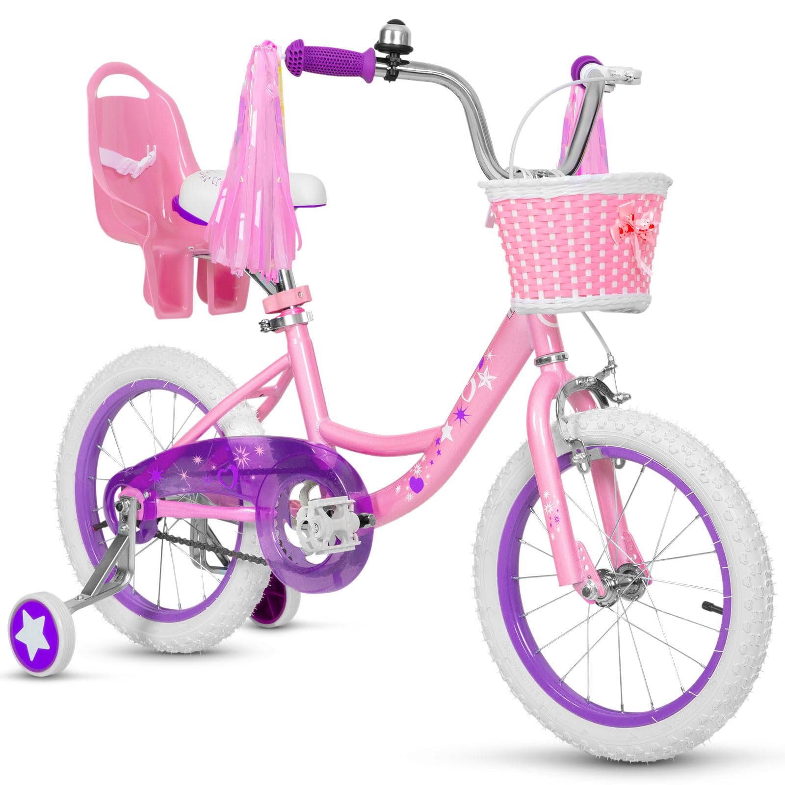 Weize Girls Bike For 3-5 Years Old Kids, 14 Inch Kids Bike With Training Wheels, Streamers, Basket And Doll Seat, Children Bicyc