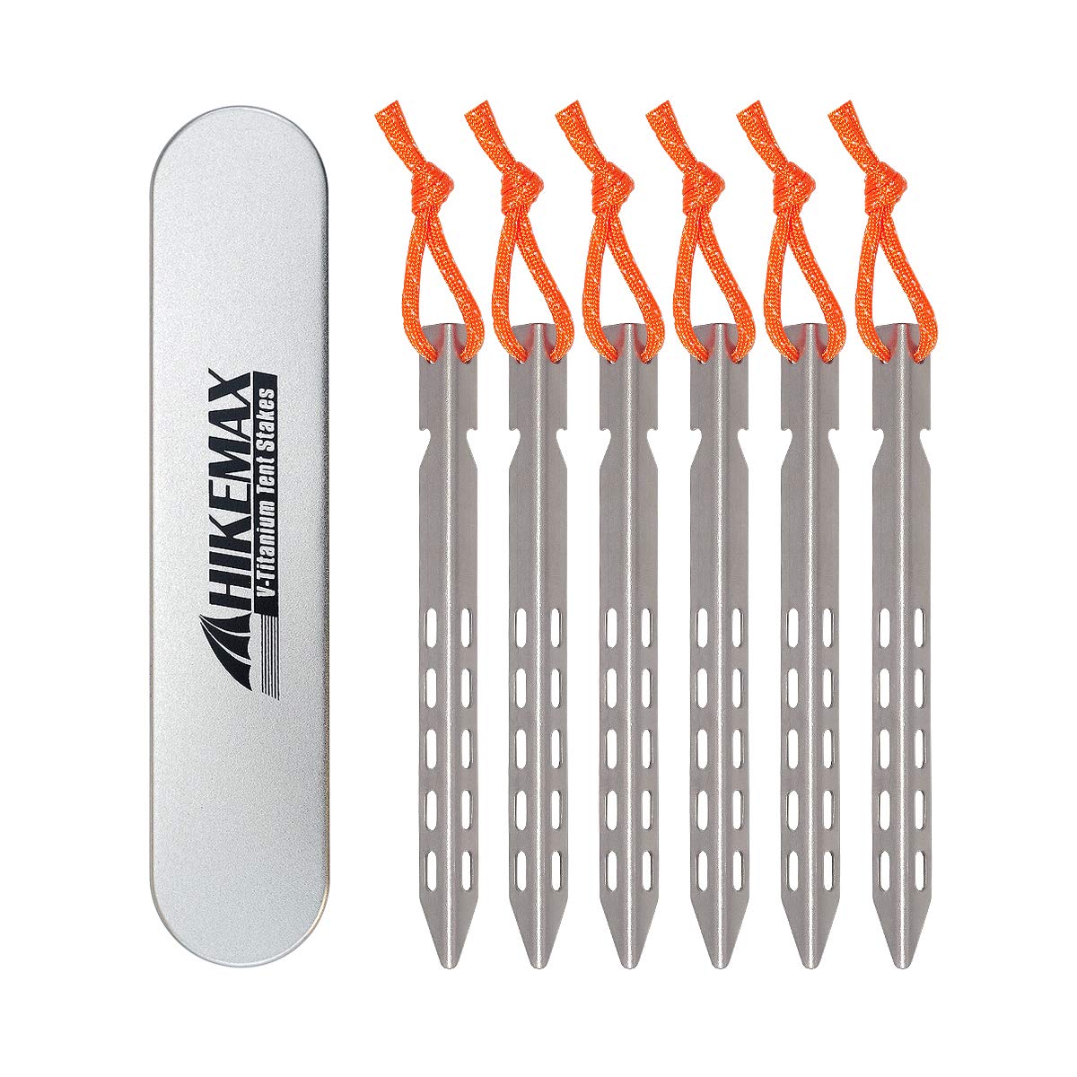 Hikemax Ultralight Titanium Tent Stakes 6 Pack - V-Shaped Tent Pegs With Reflective Pull Cords - Made For Camping