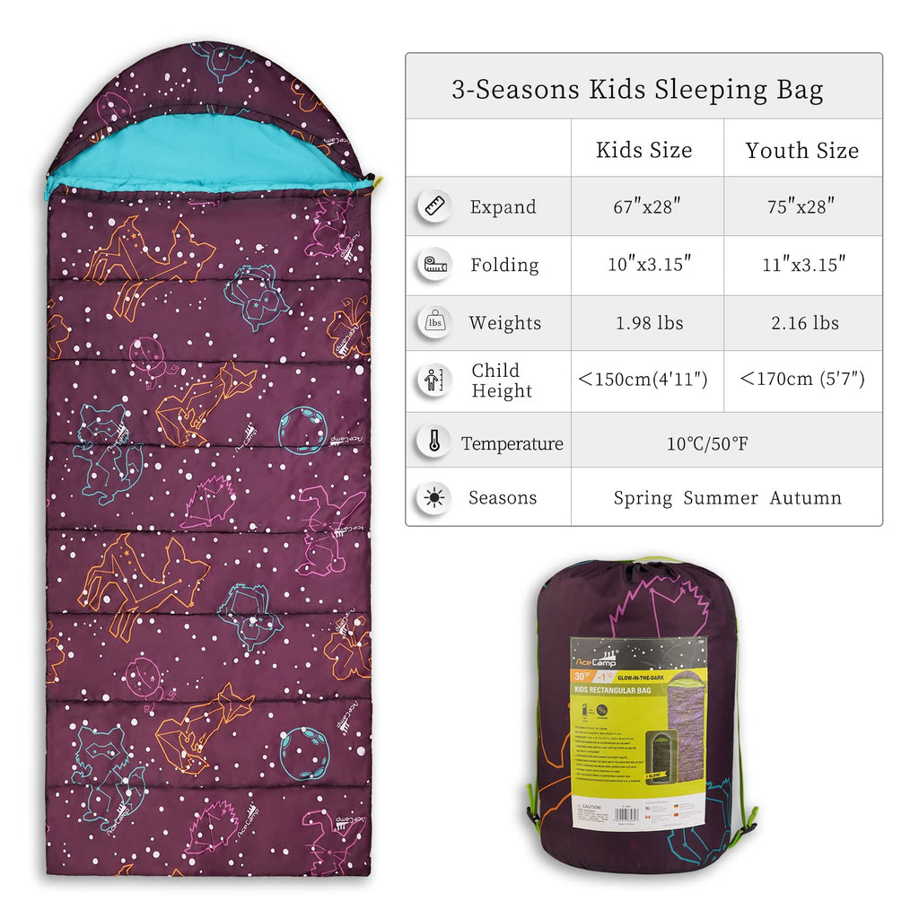 Acecamp 3 Seaons Sleeping Bags For Youth Boys And Girls, Lightweight Glowing In The Dark, Perfect For Slumber Parties, Camping A