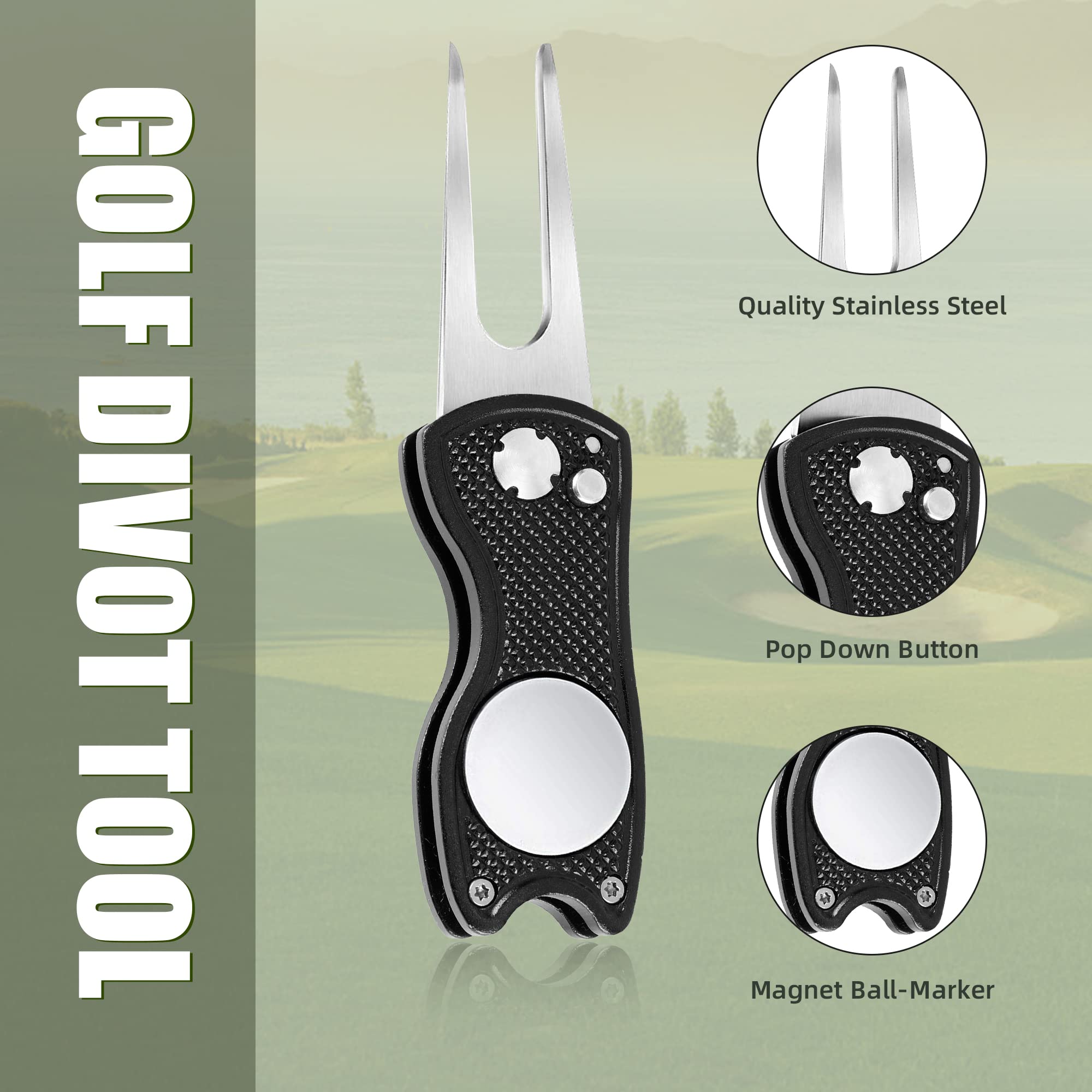 Mile High Life 2 Pack Golf Divot Repair Tool W Magnetic Golf Ball Marker | All Metal Foldable Divot Tool W Pop-Up Button | Golf