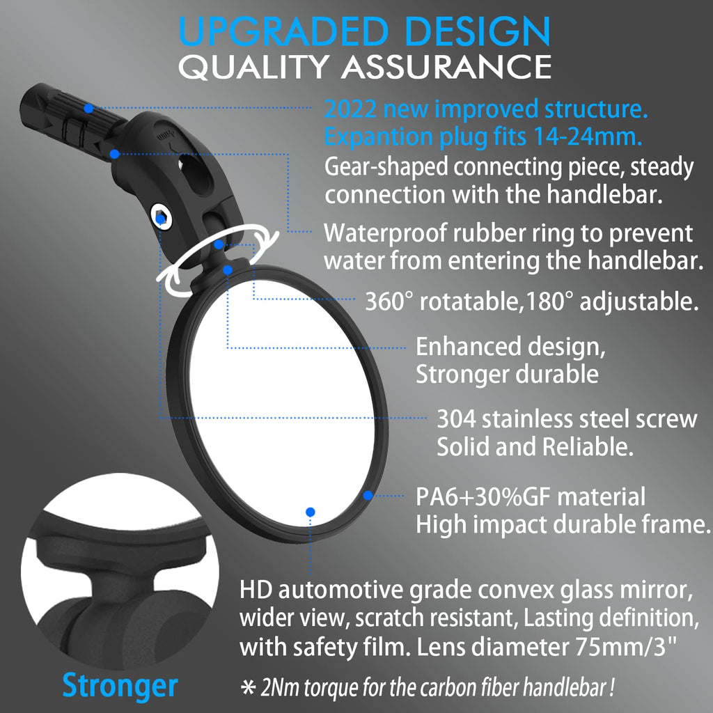 Briskmore Bike Handlebar Mirror,Hd Glass Convex Lens Bicycle Rearview Mirror,Cycling Rear View Mirror, Adjustable Handlebar Wide