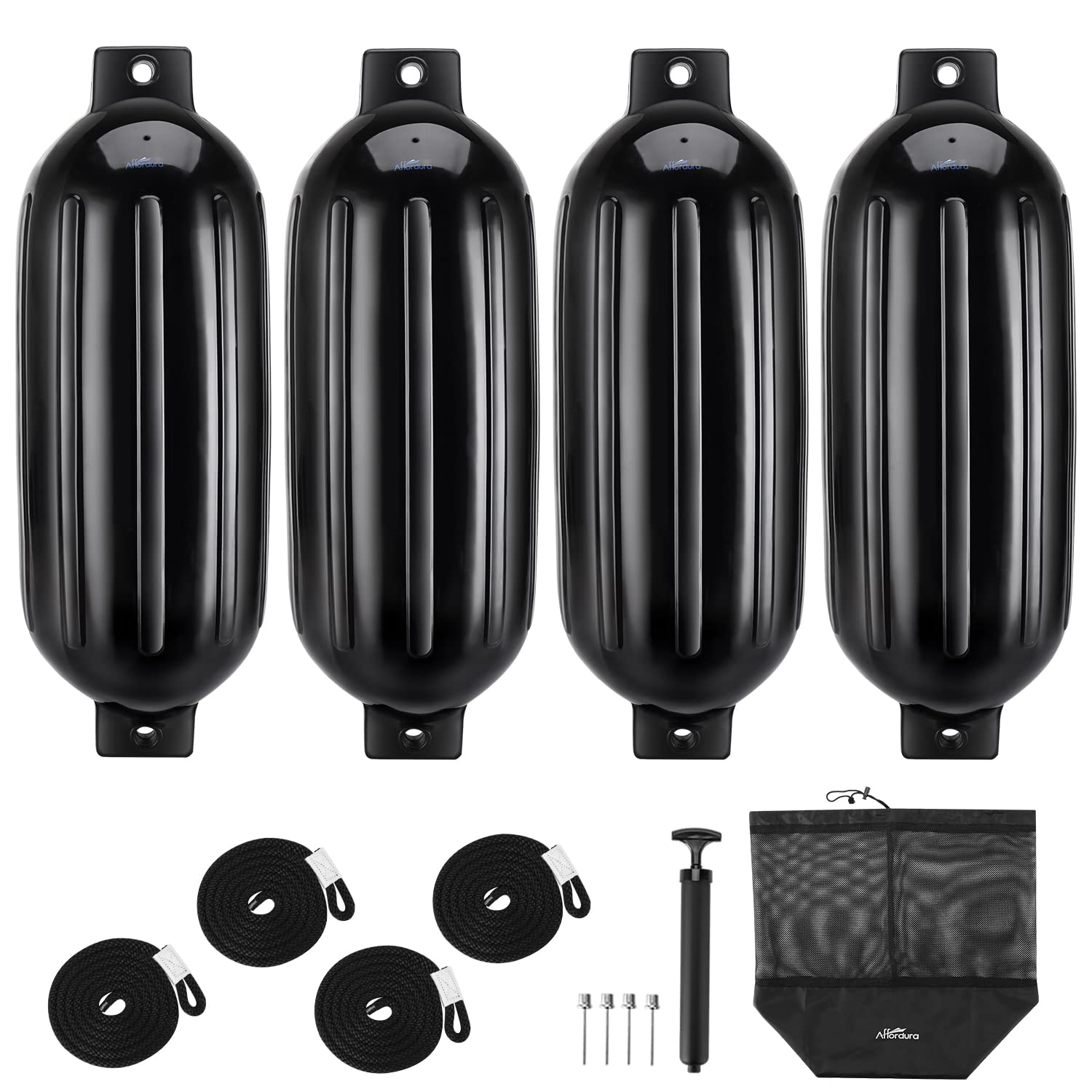 Affordura Boat Fender 4 Pack Boat Bumpers Fenders With 4 Ropes, Boat Bumpers For Pontoon Boat Fenders Inflatable (Black, 6.5 Inc