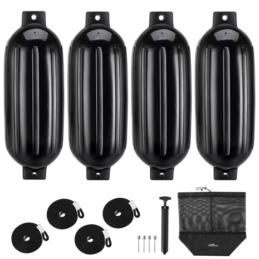 Affordura Boat Fender 4 Pack Boat Bumpers Fenders With 4 Ropes, Boat Bumpers For Pontoon Boat Fenders Inflatable (Black, 5.5 Inc