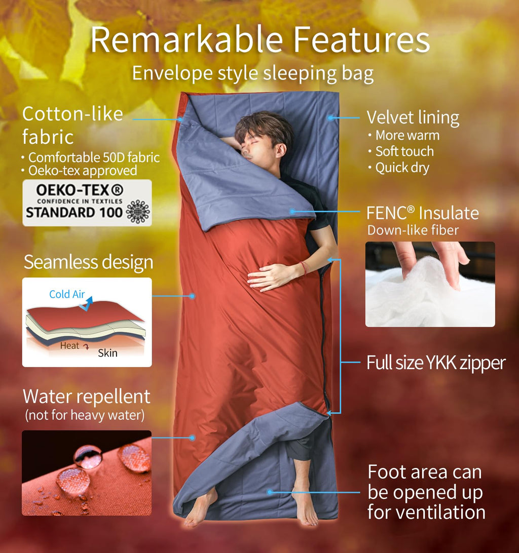 Litume Ultra Comfort Sleeping Bag 926G, 42-65F, Backpacking, Camping, Hiking, Travel, Family, With Stuff Sack, 3 Seasons, Velvet