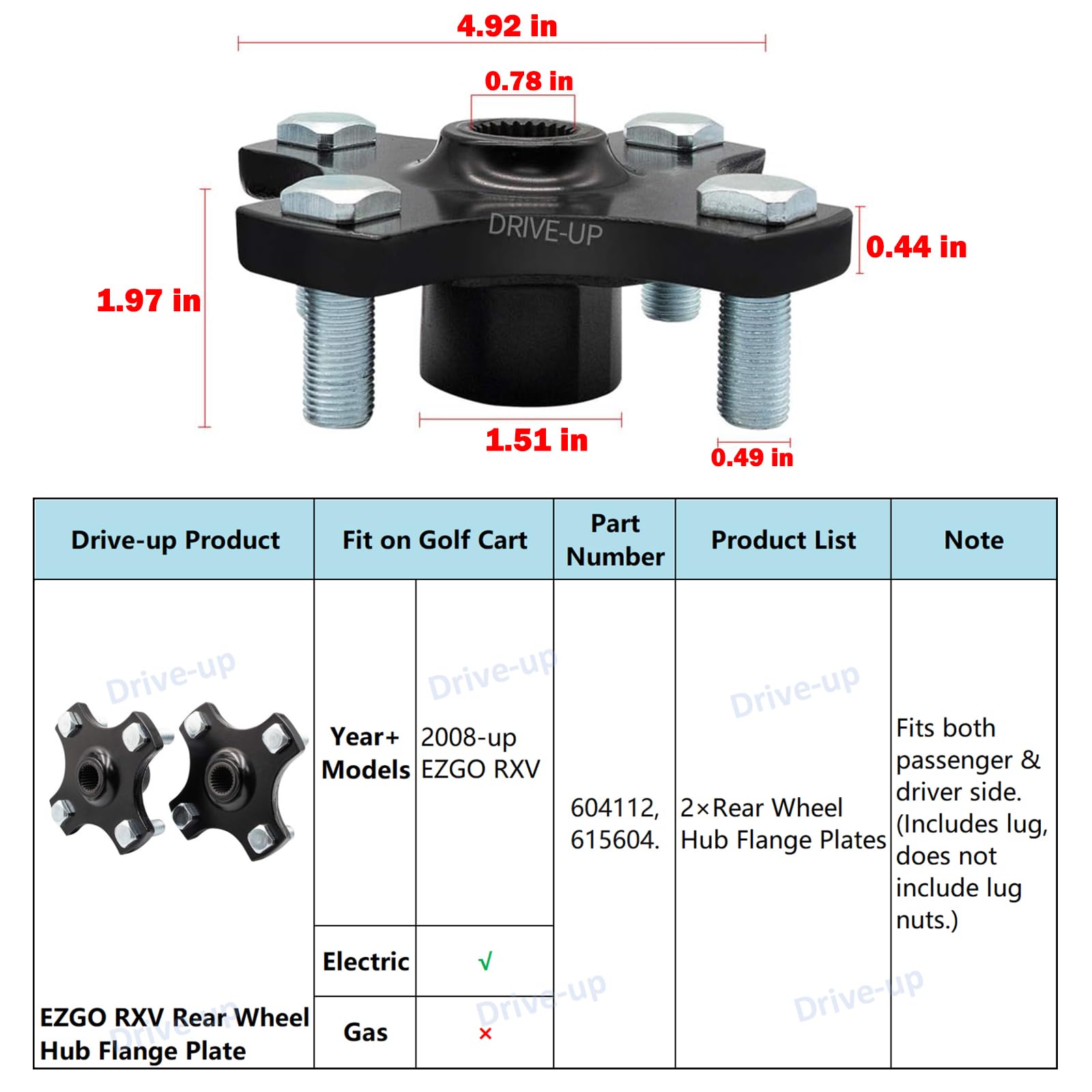 Drive-Up 2 Pack Ezgo Rear Wheel Hub Flange Plate For Rxv Electric 2008-Up Golf Cart Rear Axle Hub Assembly Oem 604112