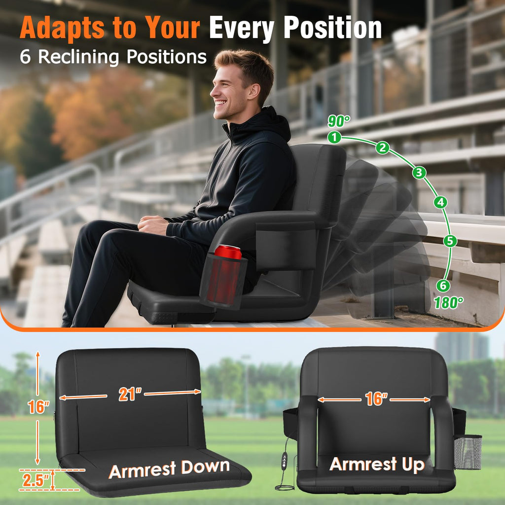 Suteck Dual-Side Heated Stadium Seat With Back Support, 21 Wide Cushion, Foldable Bleacher Chair W/Usb 3-Level Heating, 5 Storag