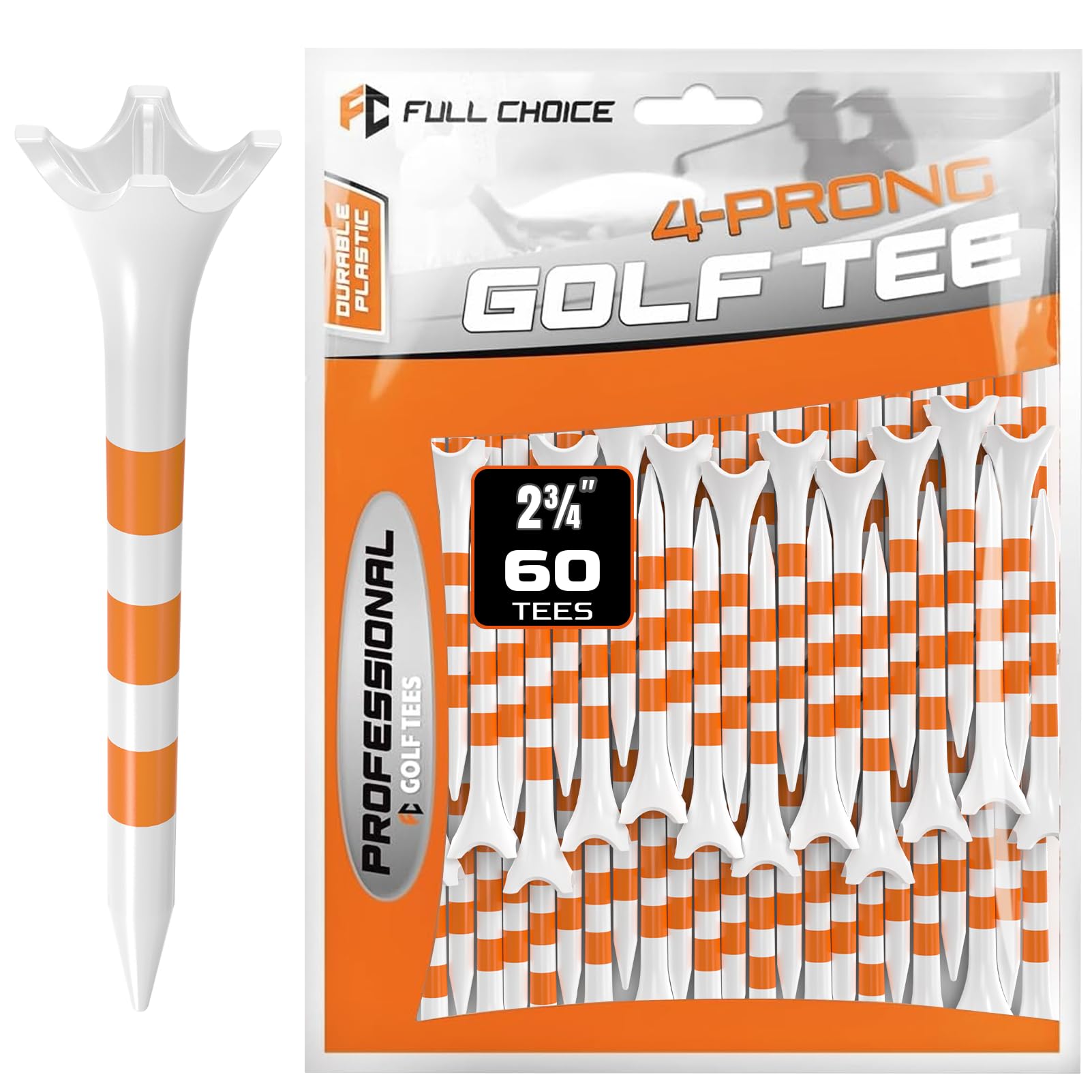 Full Choice Plastic Golf Tees 60 Pack (2-3/4) - Reduce Friction & Increase Distance, Golf Plastic Tees (White with Blue Strips