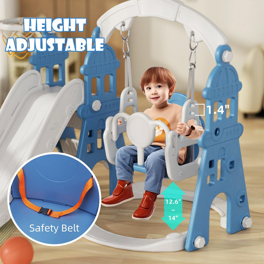 Korimefa 5-In-1 Kids Slide And Swing Set, Toddler Slide With Basketball Hoop, Swing, Outdoor Indoor Playground For Toddlers 1-3