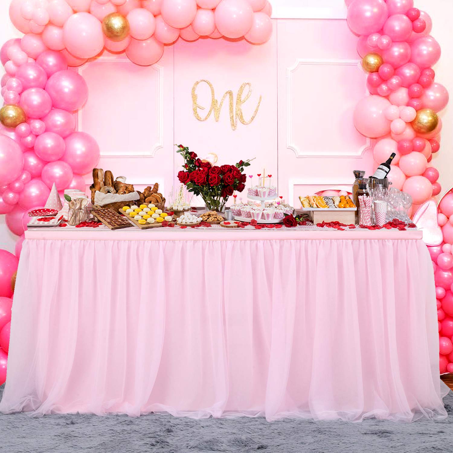 Nssonben 14Ft Pink Tulle Table Skirt Fluffy And Elegant Tutu Table Skirts For Wedding Birthday Party Baby Shower (L168Inah30In)
