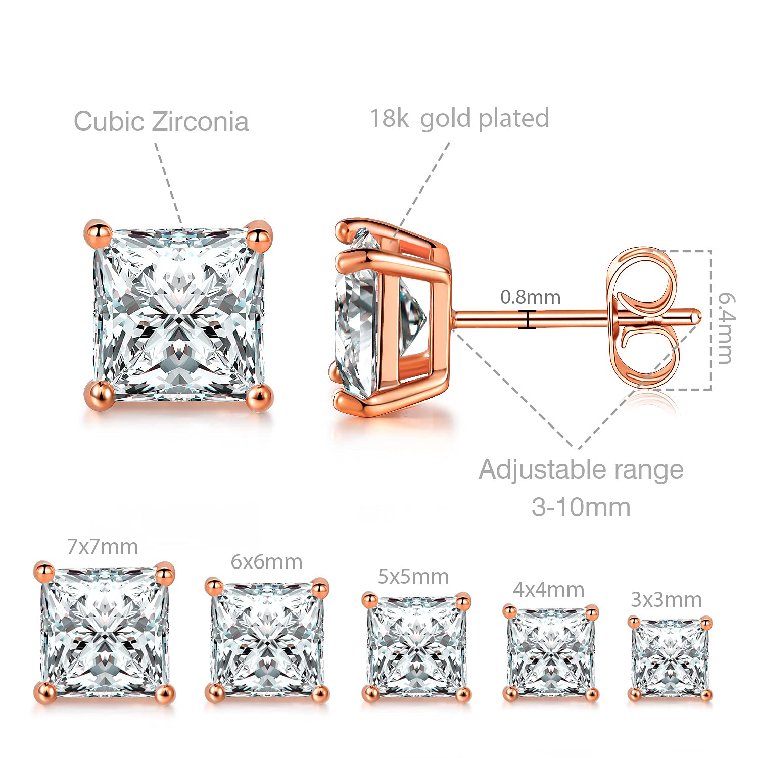 Mdfun 18K Rose Gold Plated Princess Cut Clear Cubic Zirconia Stud Earring Pack Of 5 Pairs