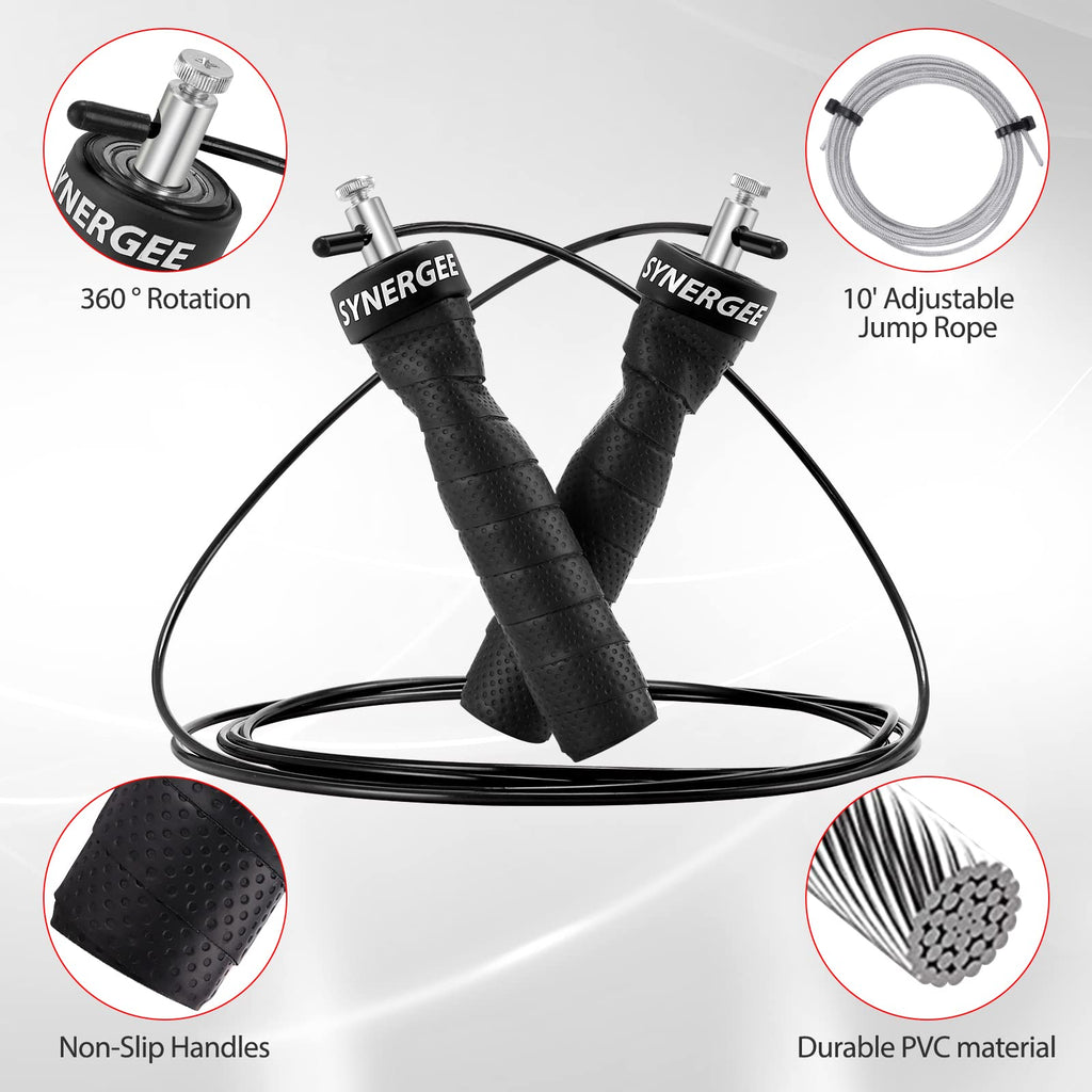 Synergee Jet Black Speed Jump Rope - (2) Adjustable 10 Ft Cable - Steel Ball Bearings - For Crossfit, Mma, Boxing & Fitness, Ant