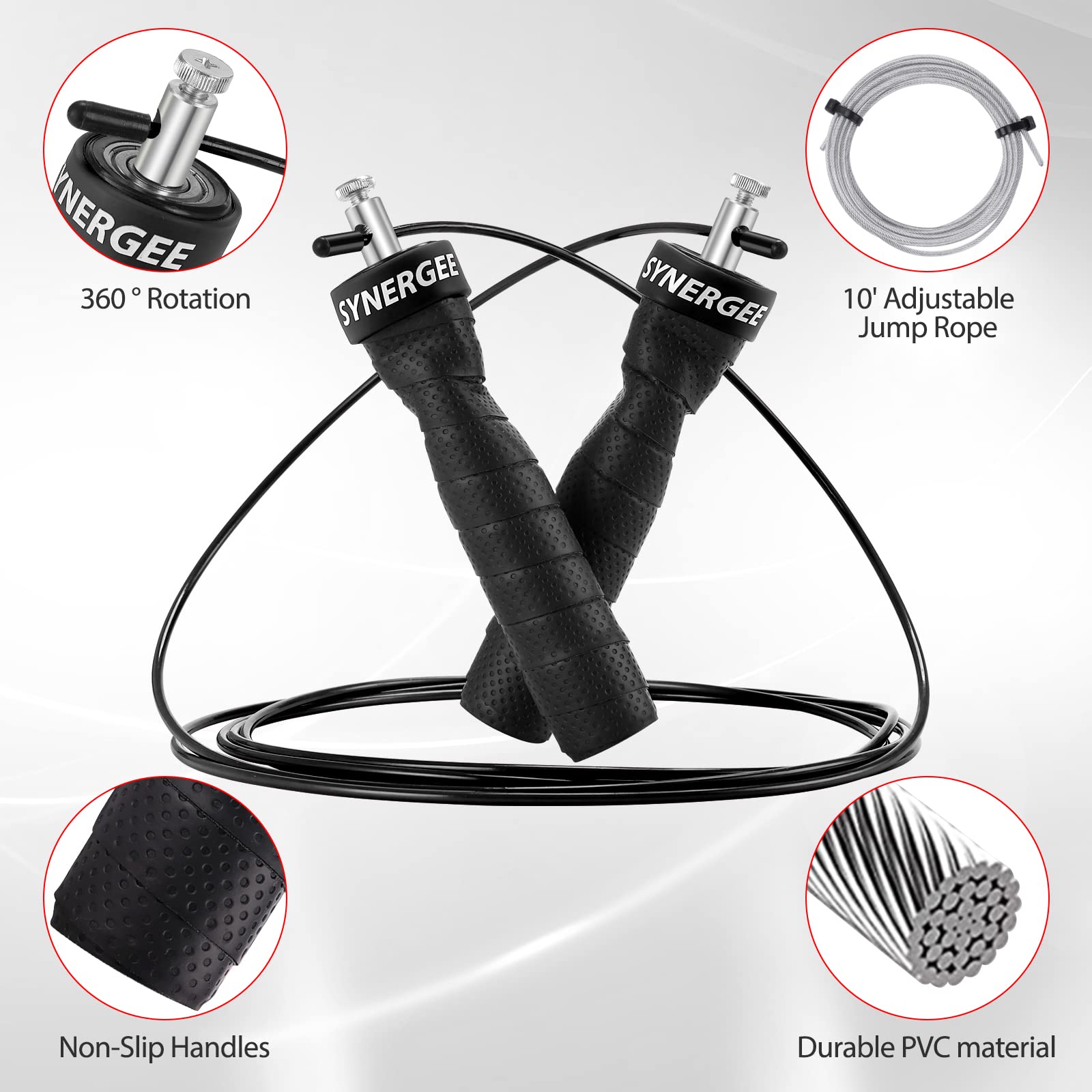 Synergee Jet Black Speed Jump Rope - (2) Adjustable 10 Ft Cable - Steel Ball Bearings - For Crossfit, Mma, Boxing & Fitness, Ant