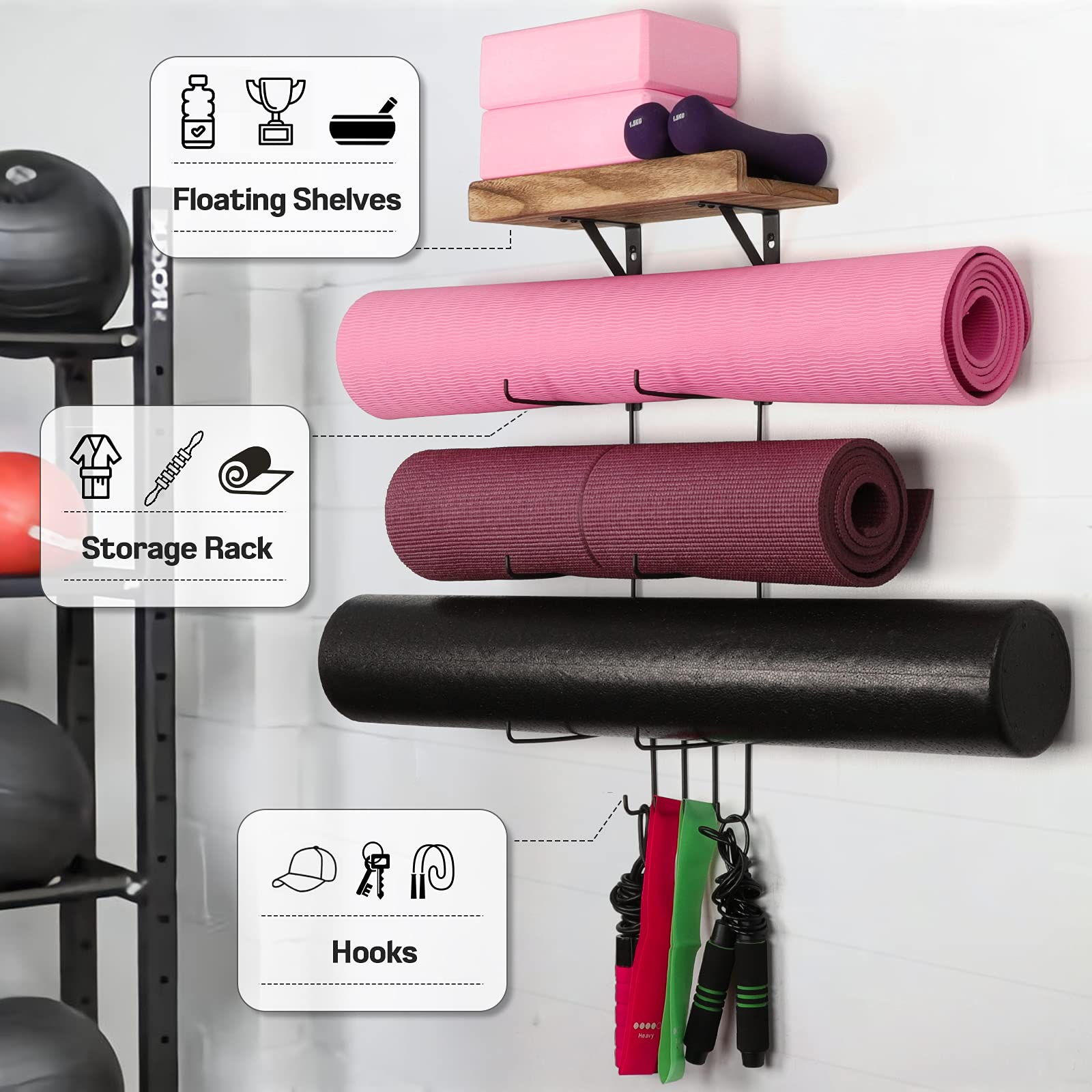 Bikoney Yoga Mat Holder Wall Mount Yoga Mat Storage Home Gym Accessories With Wood Floating Shelves And 4 Hooks For Hanging Foam