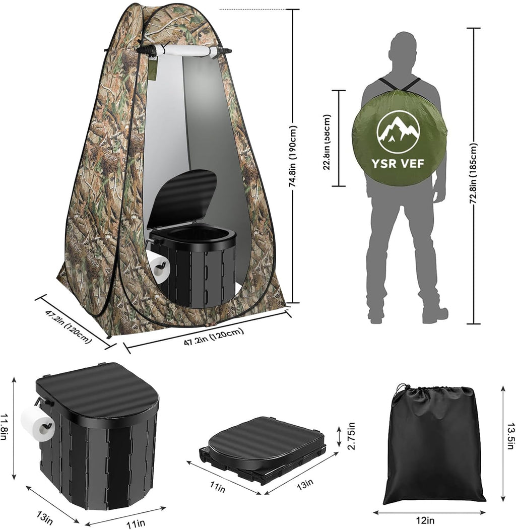 Portable Toilet Kit, Camping Toilet With Pop-Up Privacy Tent And Poo Gel Toilet Bags, Washable Portable Outdoor Showers Changing