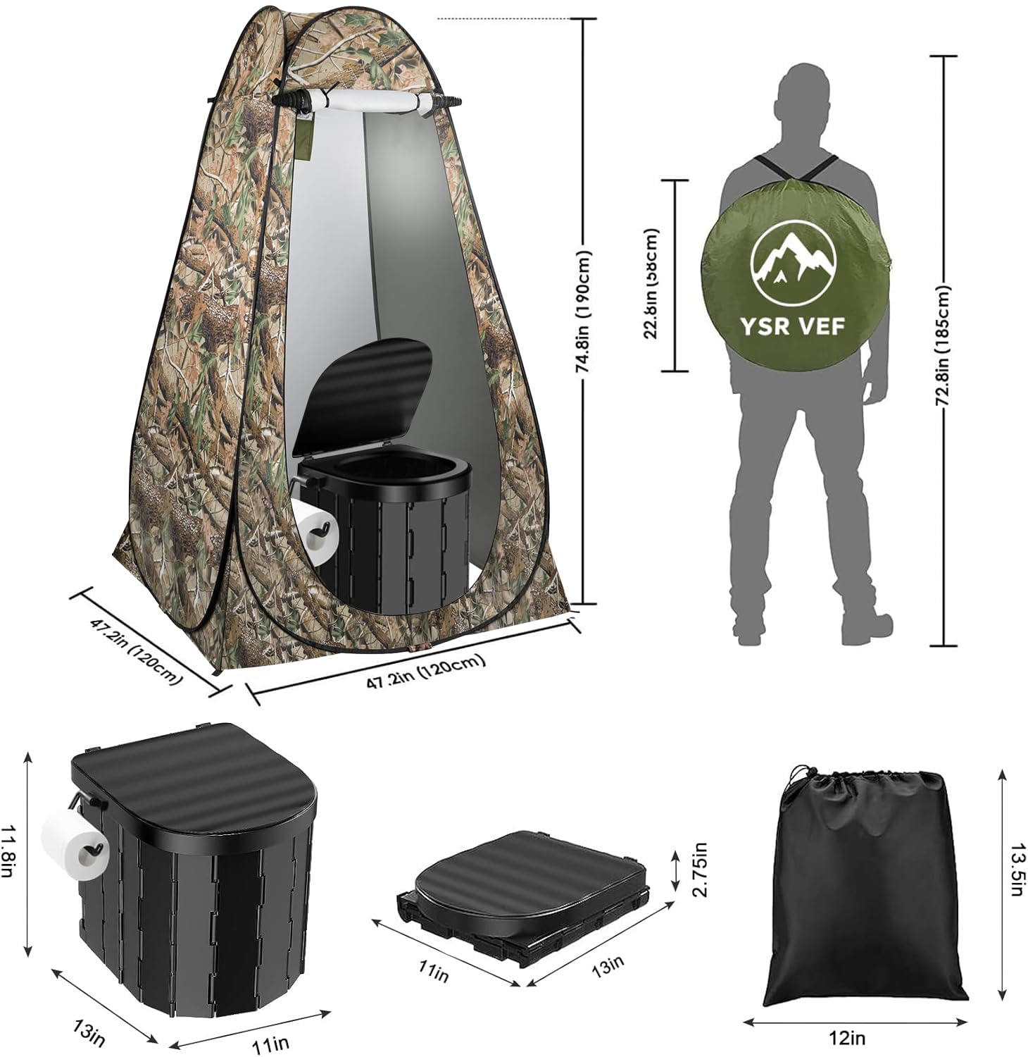 Portable Toilet Kit, Camping Toilet With Pop-Up Privacy Tent And Poo Gel Toilet Bags, Washable Portable Outdoor Showers Changing