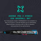 Axe | Avenge Pro 3 Hybrid | Usa Baseball Bat | Drop -10/-8/-5 | 3-Piece Hybrid | 2 5/8'' Barrel | Black/Blue/Pink (Pro Standard