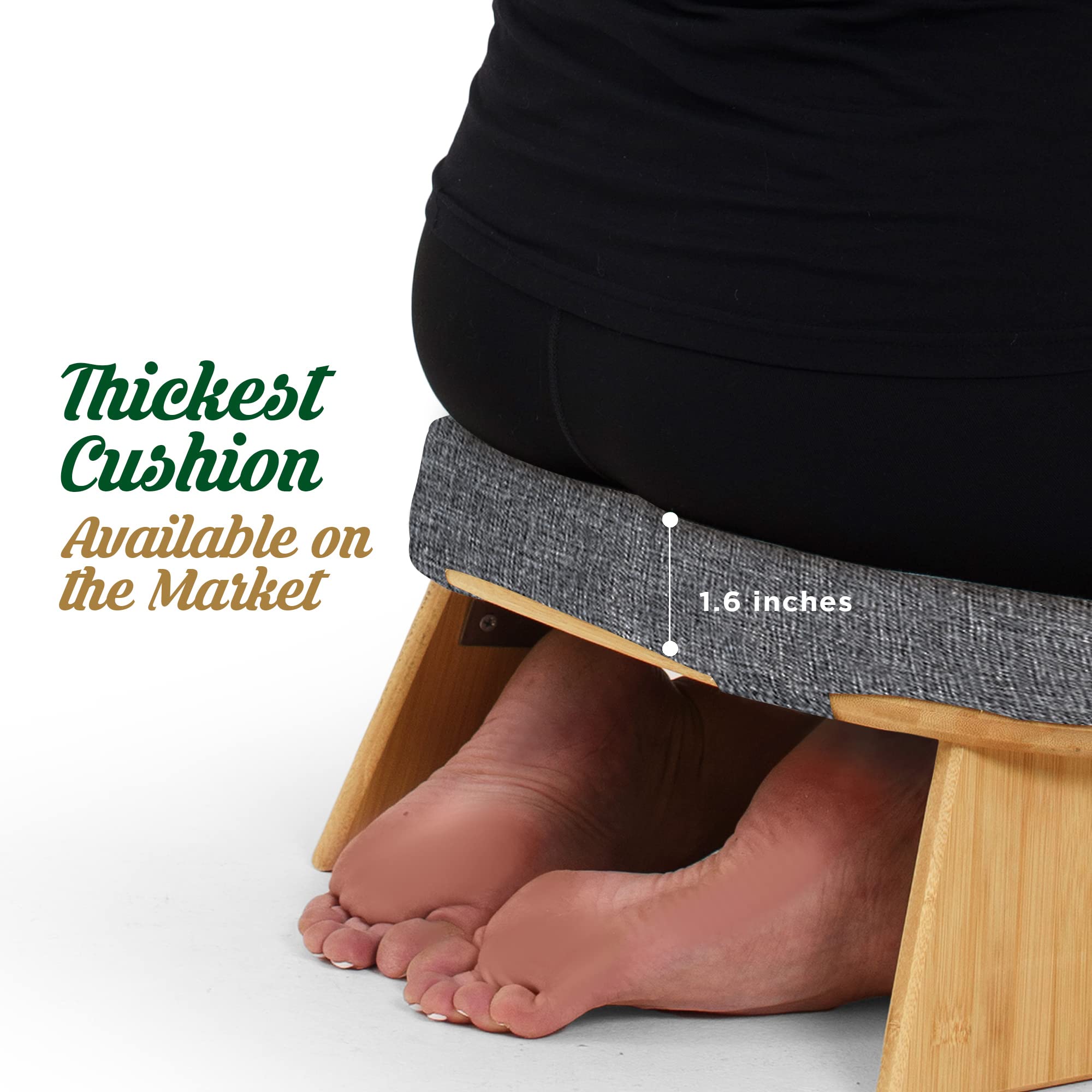 Monk & Llama Meditation Bench - Foldable, Ergonomic, Bamboo Kneeling Stool With Extra Comfortable Cushion - Perfect Seiza Bench