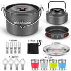 Odoland 22Pcs Camping Cookware Mess Kit, Large Size Hanging Pot Pan Kettle With Base Cook Set For 4, Cups Dishes Forks Spoons Ki