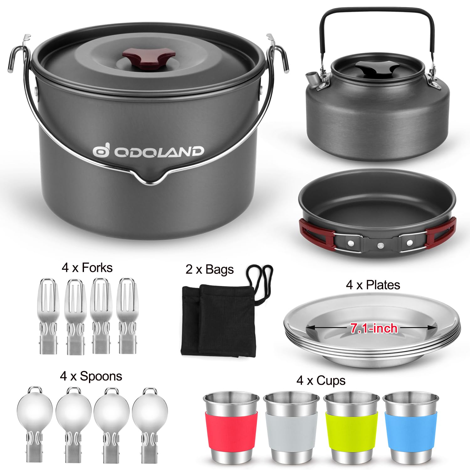 Odoland 22Pcs Camping Cookware Mess Kit, Large Size Hanging Pot Pan Kettle With Base Cook Set For 4, Cups Dishes Forks Spoons Ki