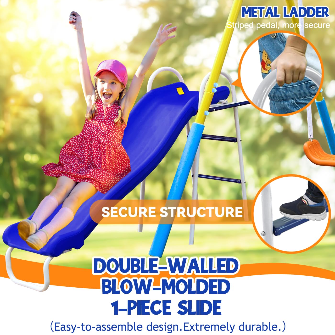 4-In-1 Heavy Duty Swing Set For Backyard - Large Metal Frame With Saucer Swings, Sandbox, Basketball Hoop & Single Swing Seat |