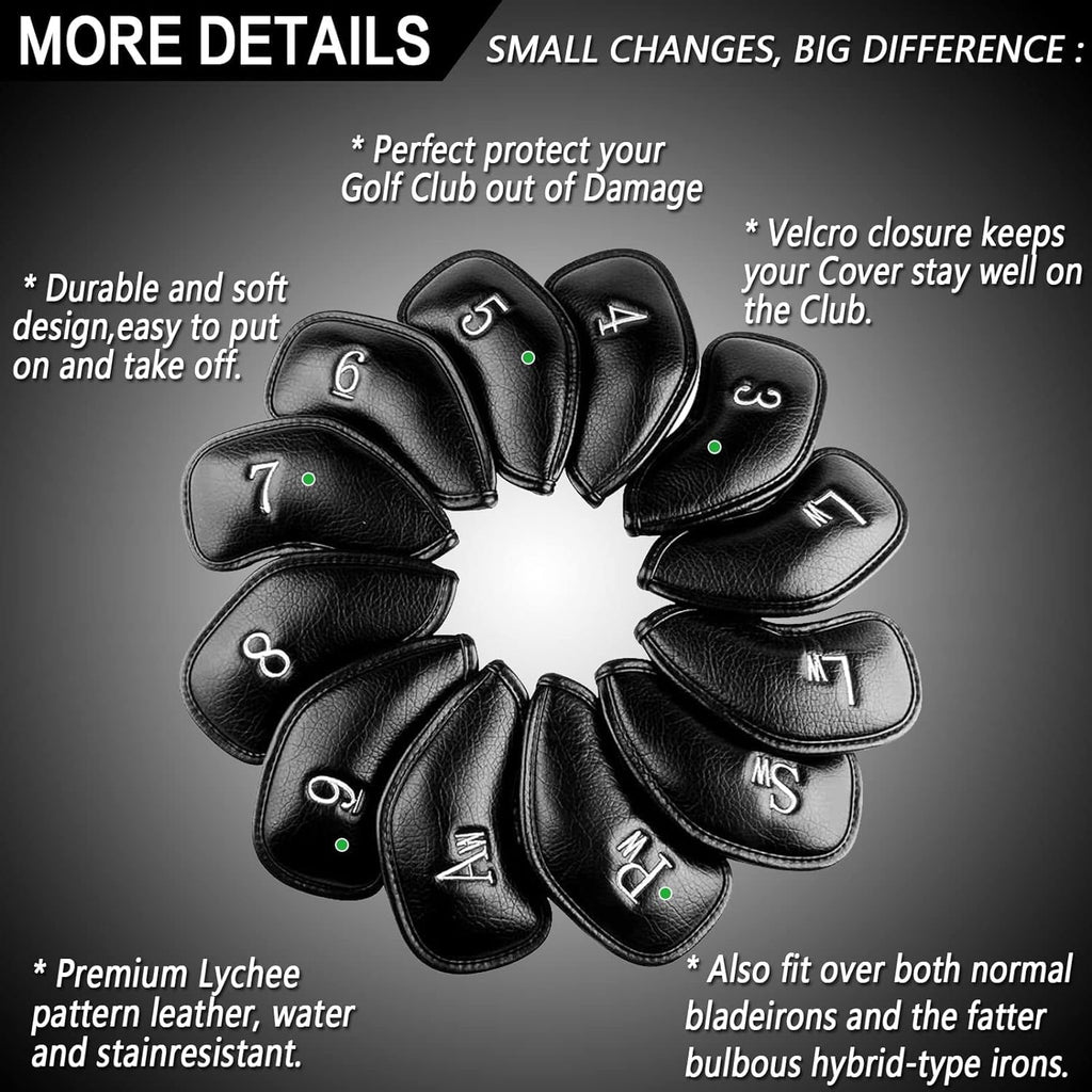 Finger Ten Golf Iron Head Covers Value 12 Piece Set, Synthetic Leather Deluxe Club Headcover, Universal Fit Main Iron Clubs (1 S
